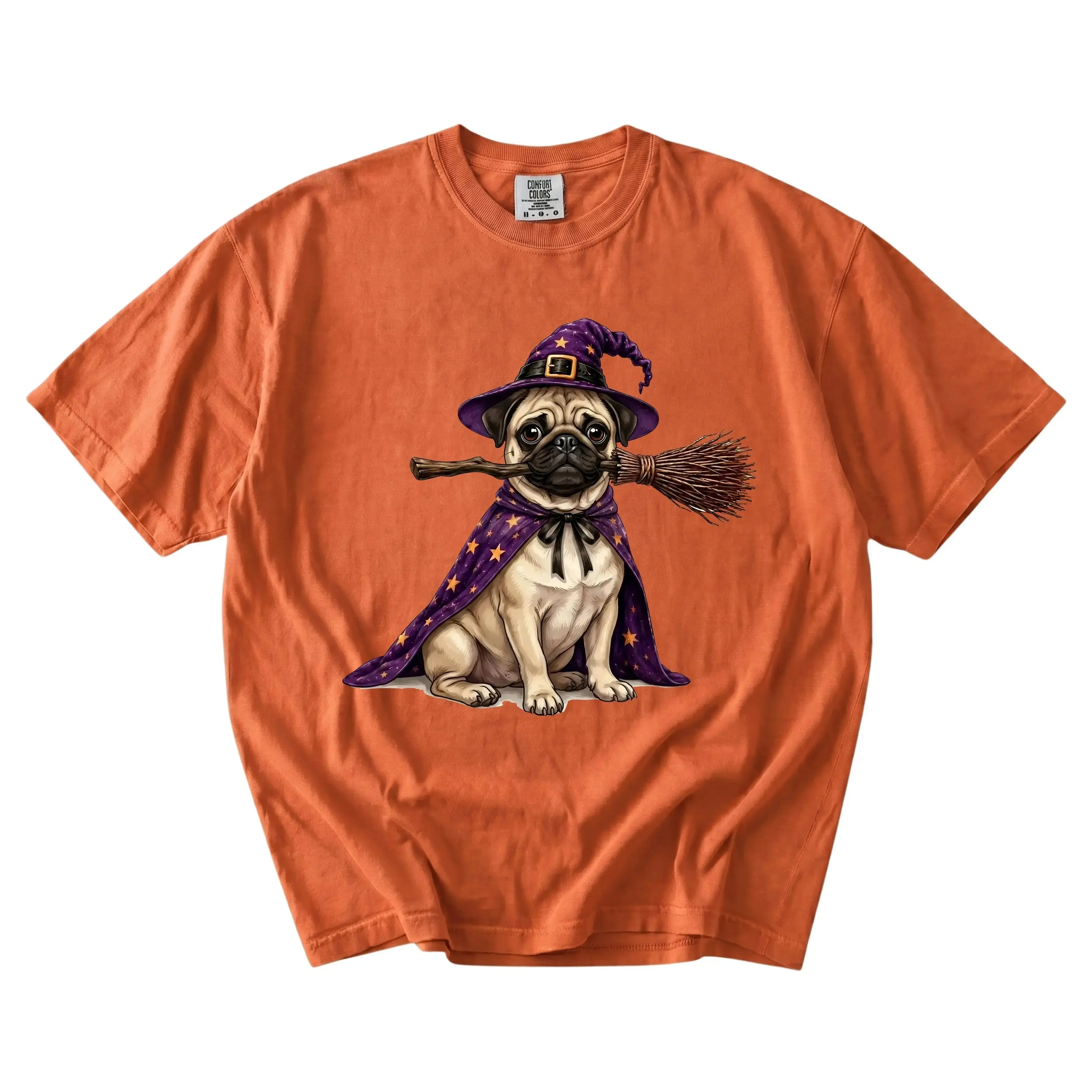 Comfort Colors Custom Dog Halloween Shirt, Personalized Pet Portrait Tee, Witch Riding Broom with Hat - photo 4