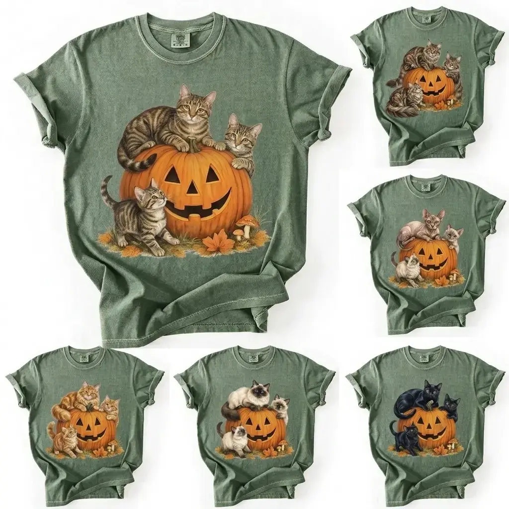 Comfort Colors Custom Cat Breed Halloween Pumpkin T-Shirt, Moss Green Graphic Tee, Gift for Mom