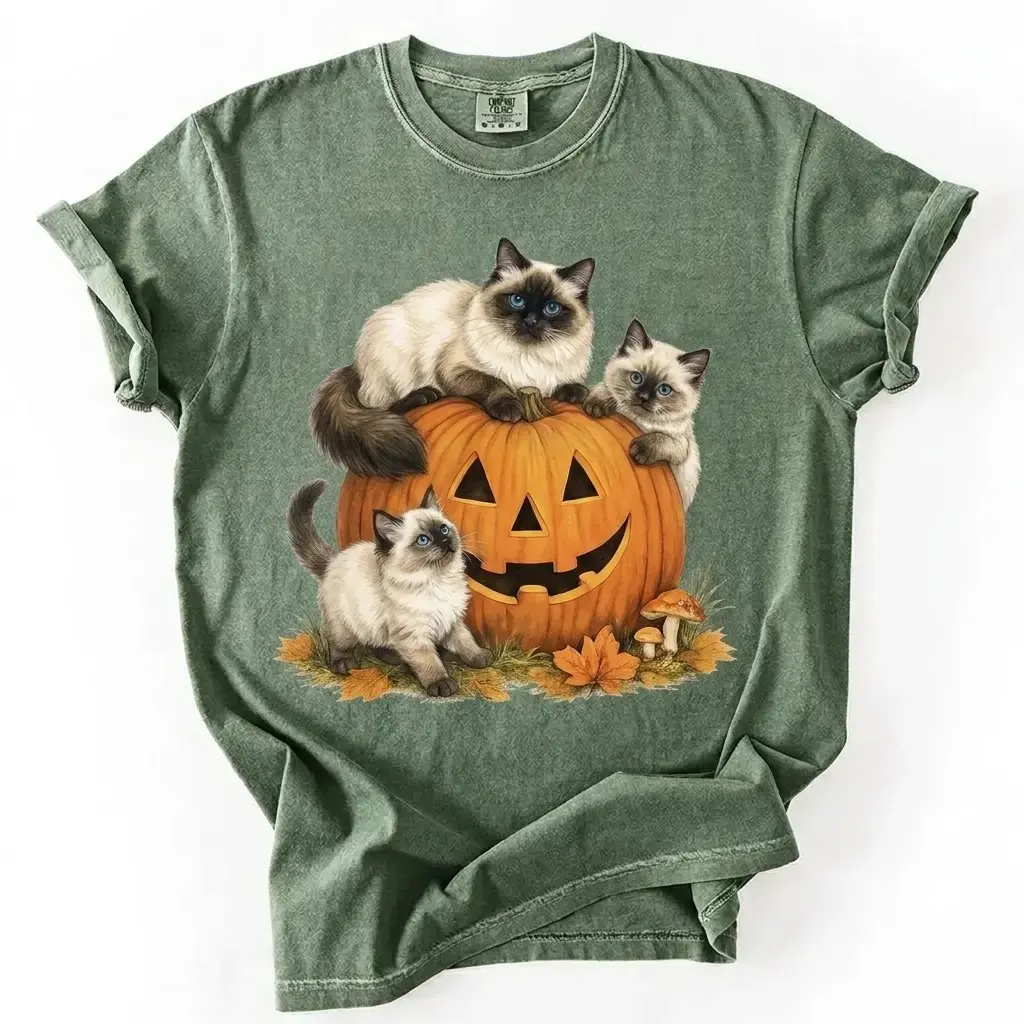 Comfort Colors Custom Cat Breed Halloween Pumpkin T-Shirt, Moss Green Graphic Tee, Gift for Mom - photo 5