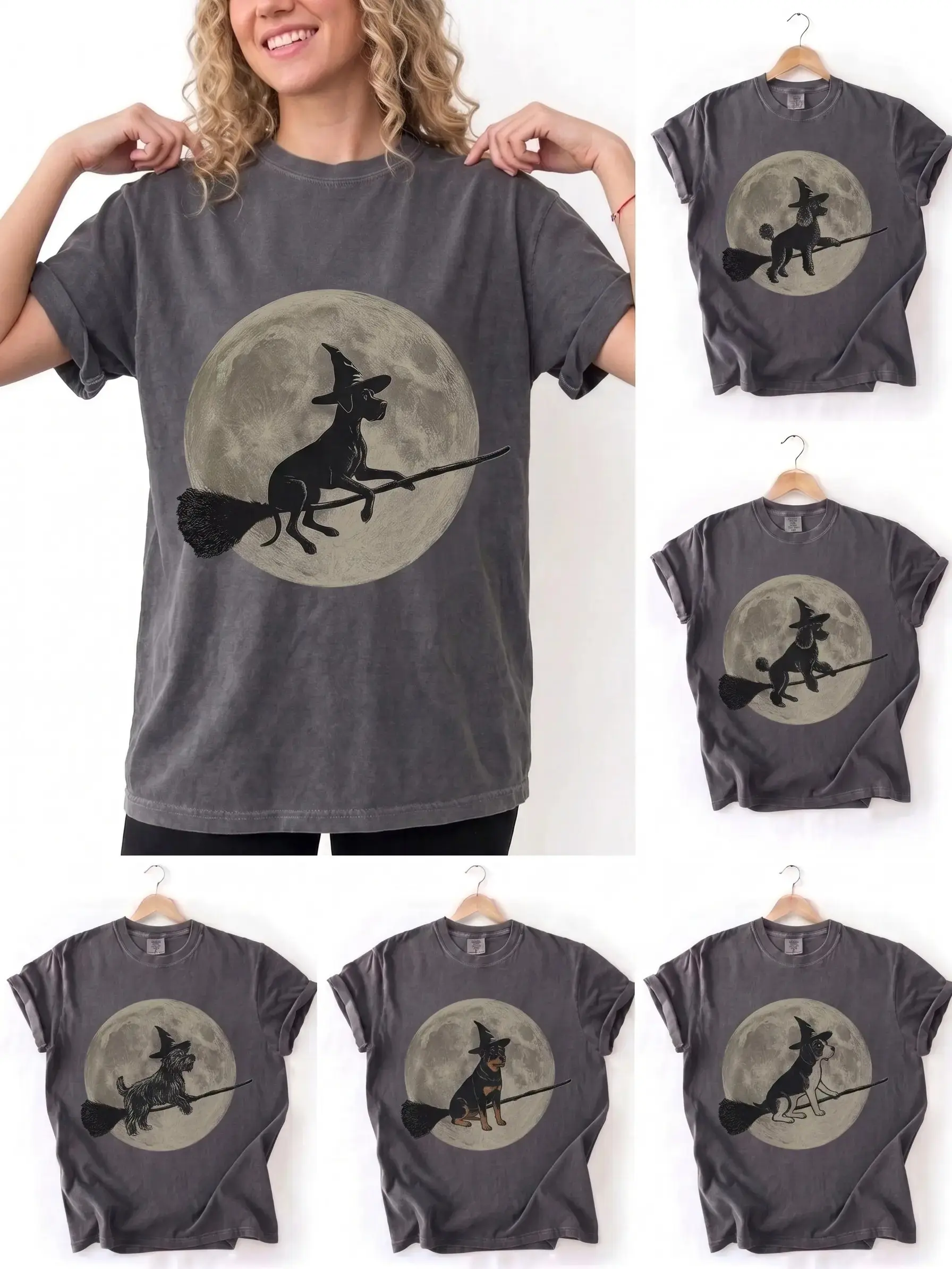 Comfort Colors 50+ Dog Breeds Funny Witch Riding Broom Shirt, Halloween Dog Graphic Tee - photo 1