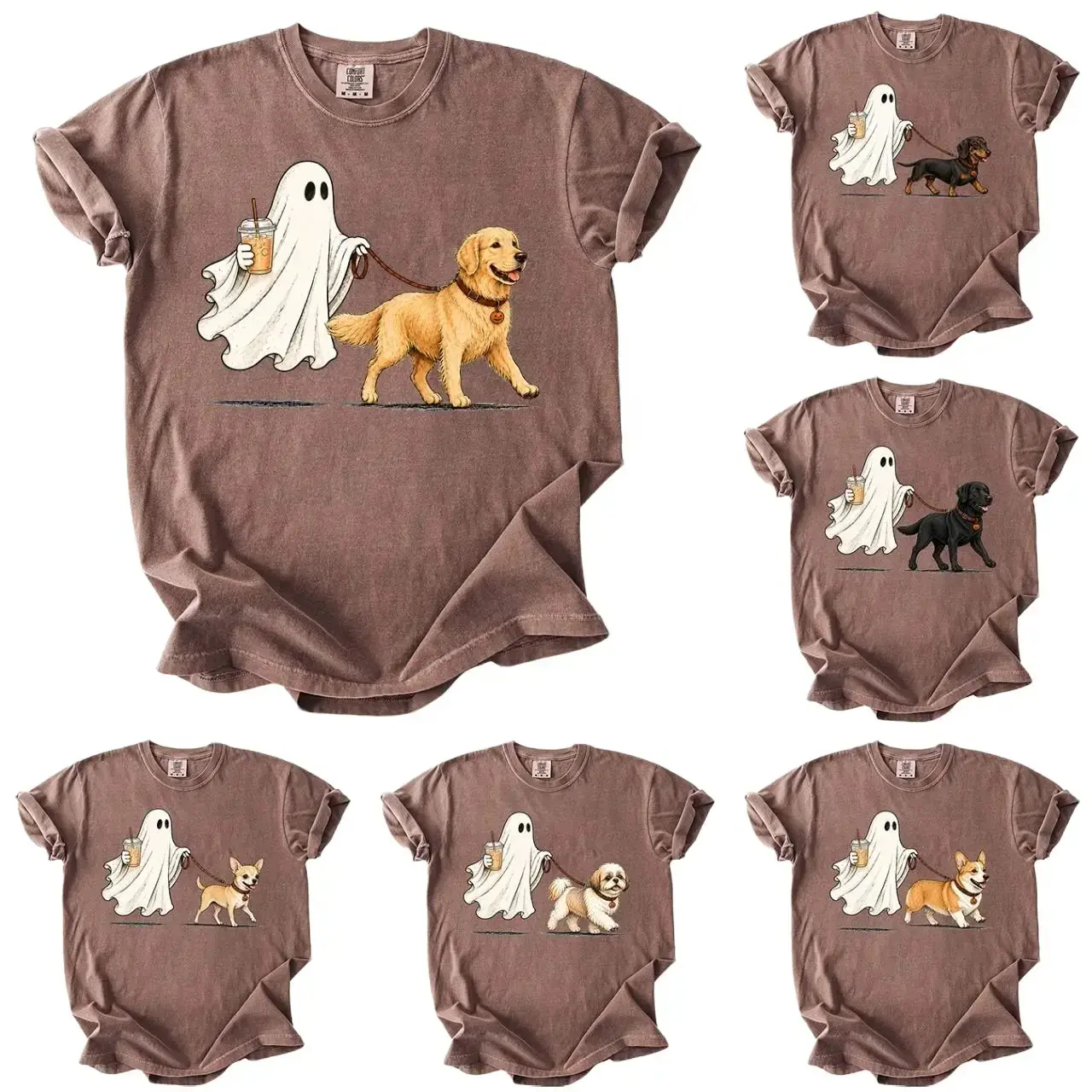 Comfort Colors Cute Ghost Dog Iced Coffee Shirt, Custom Breed Halloween Tee, Spooky Season Pet Lover Gift