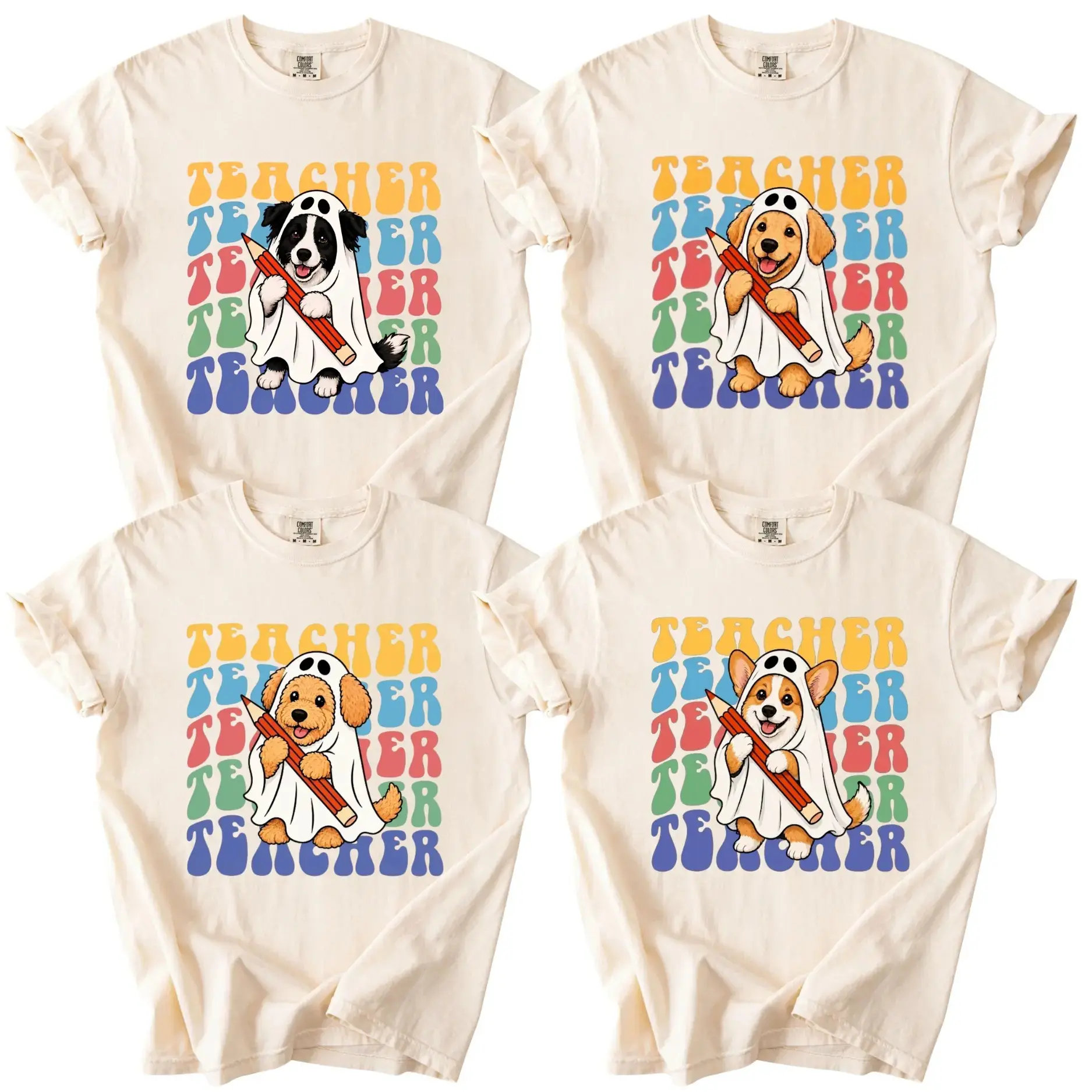 Comfort Colors 50+ Dog Breeds Teacher Halloween Shirt, Ghost Graphic Tee, Spooky Classroom Cute Fall Gift