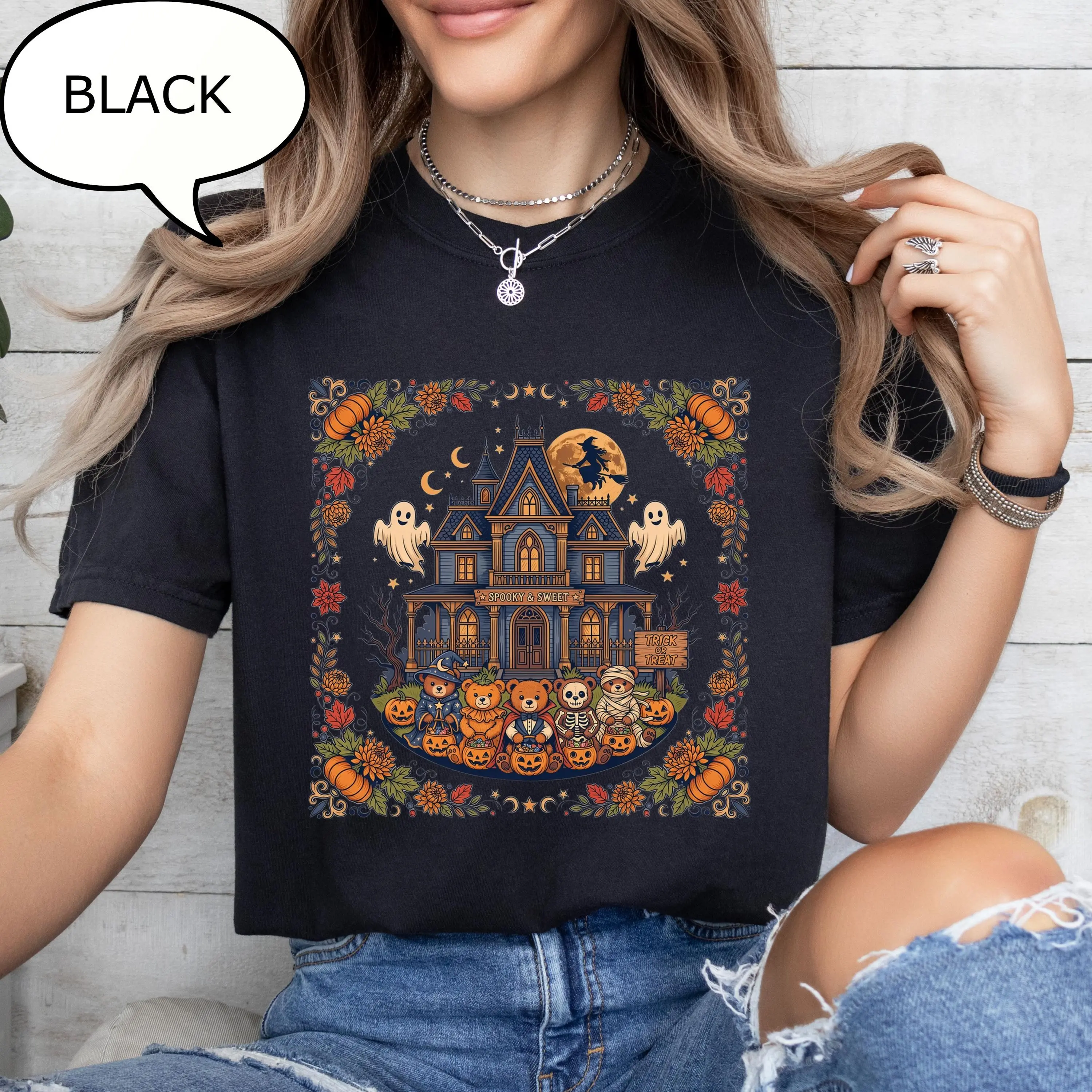Comfort Colors 90s Halloween T-Shirt, Spooky Bear Haunted House Tee, Pumpkin Season Retro Vintage Fall Gift