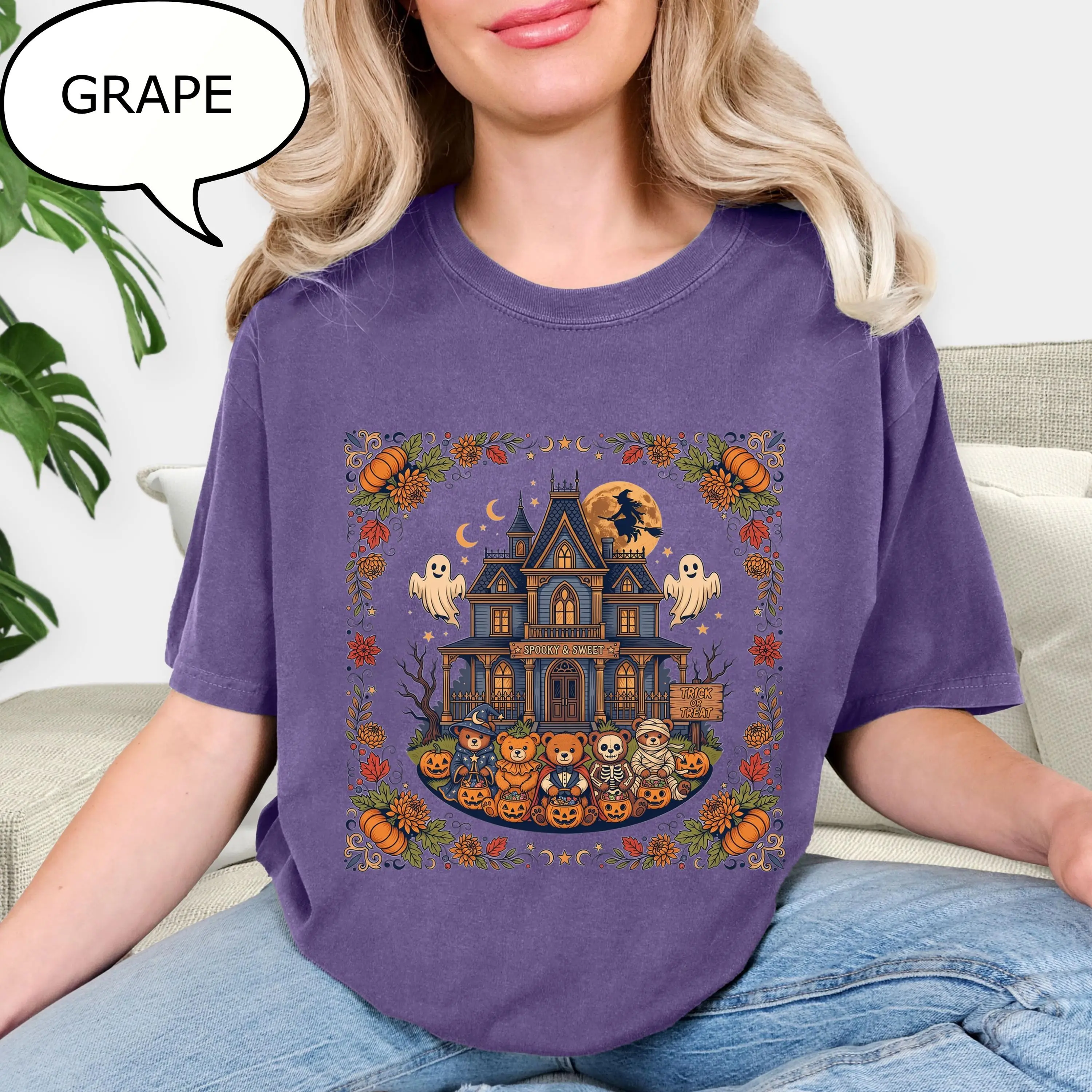 Comfort Colors 90s Halloween T-Shirt, Spooky Bear Haunted House Tee, Pumpkin Season Retro Vintage Fall Gift - photo 2