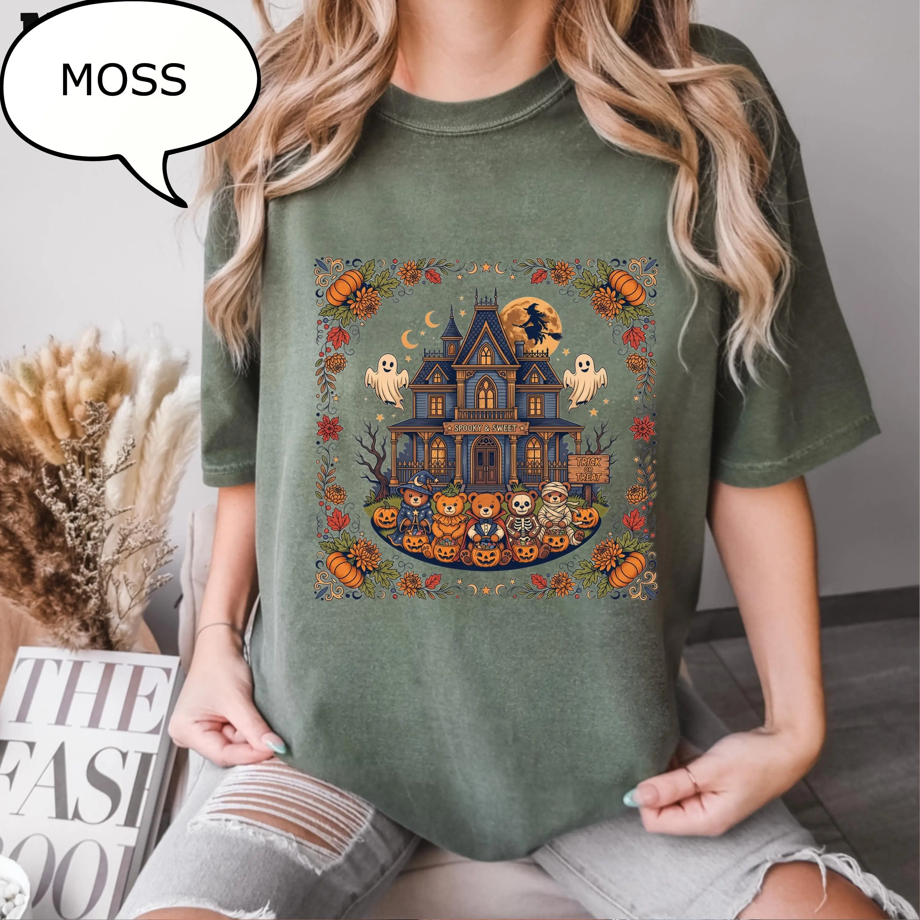 Comfort Colors 90s Halloween T-Shirt, Spooky Bear Haunted House Tee, Pumpkin Season Retro Vintage Fall Gift - photo 3