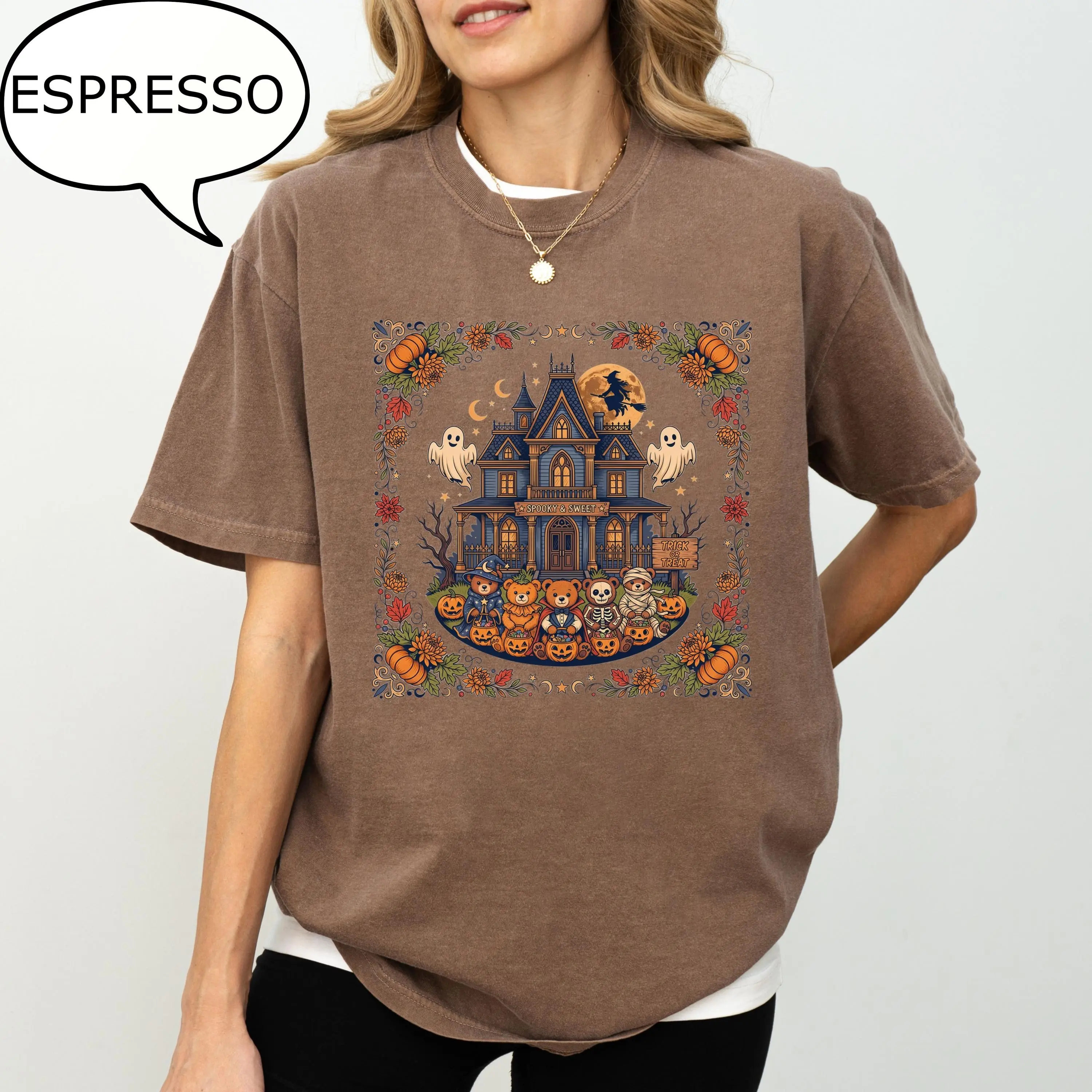 Comfort Colors 90s Halloween T-Shirt, Spooky Bear Haunted House Tee, Pumpkin Season Retro Vintage Fall Gift - photo 4