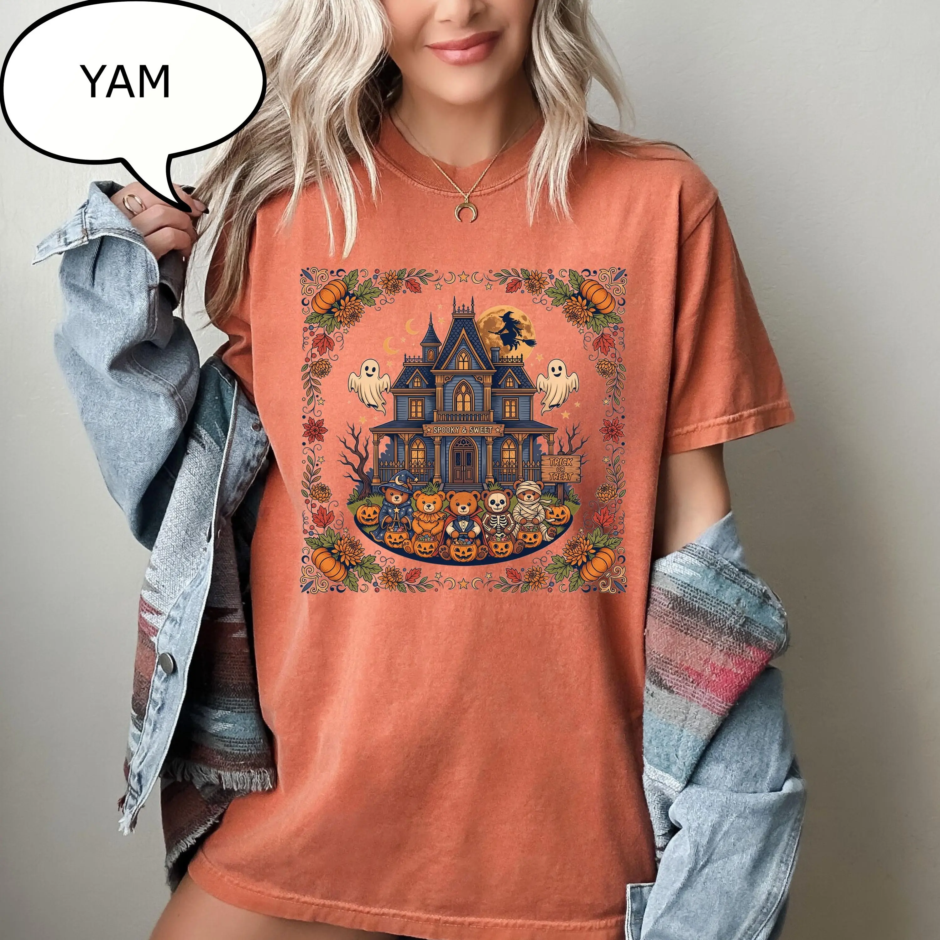 Comfort Colors 90s Halloween T-Shirt, Spooky Bear Haunted House Tee, Pumpkin Season Retro Vintage Fall Gift - photo 5