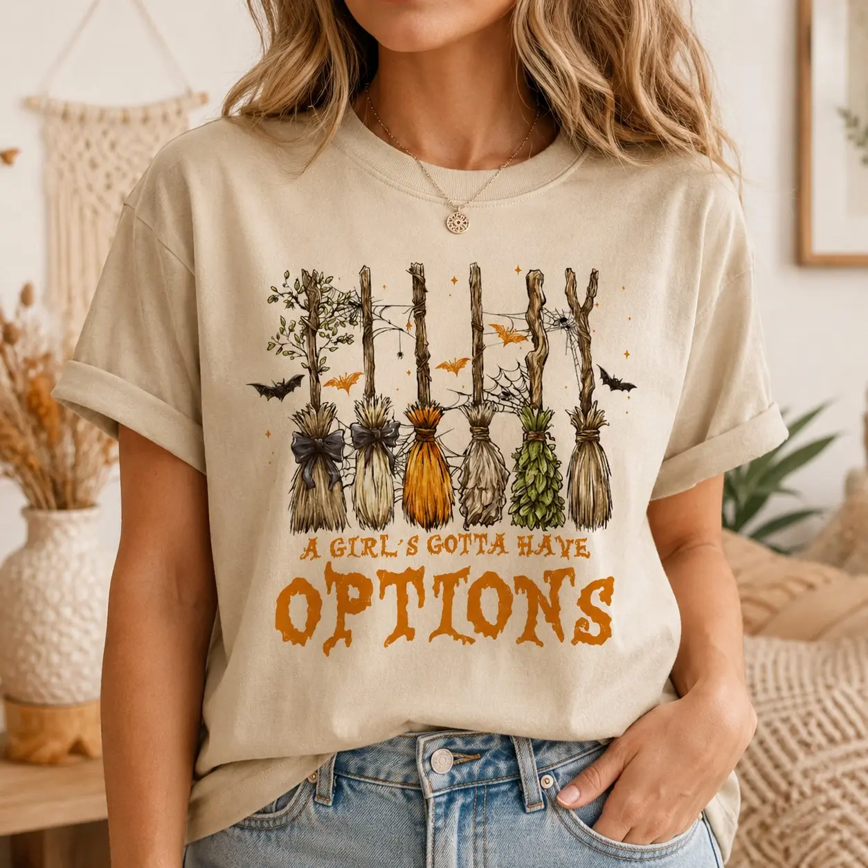 Comfort Colors A Girl's Gotta Have Options Brooms Shirt, Spooky Witchcraft Vintage Autumn Halloween Fall Tee