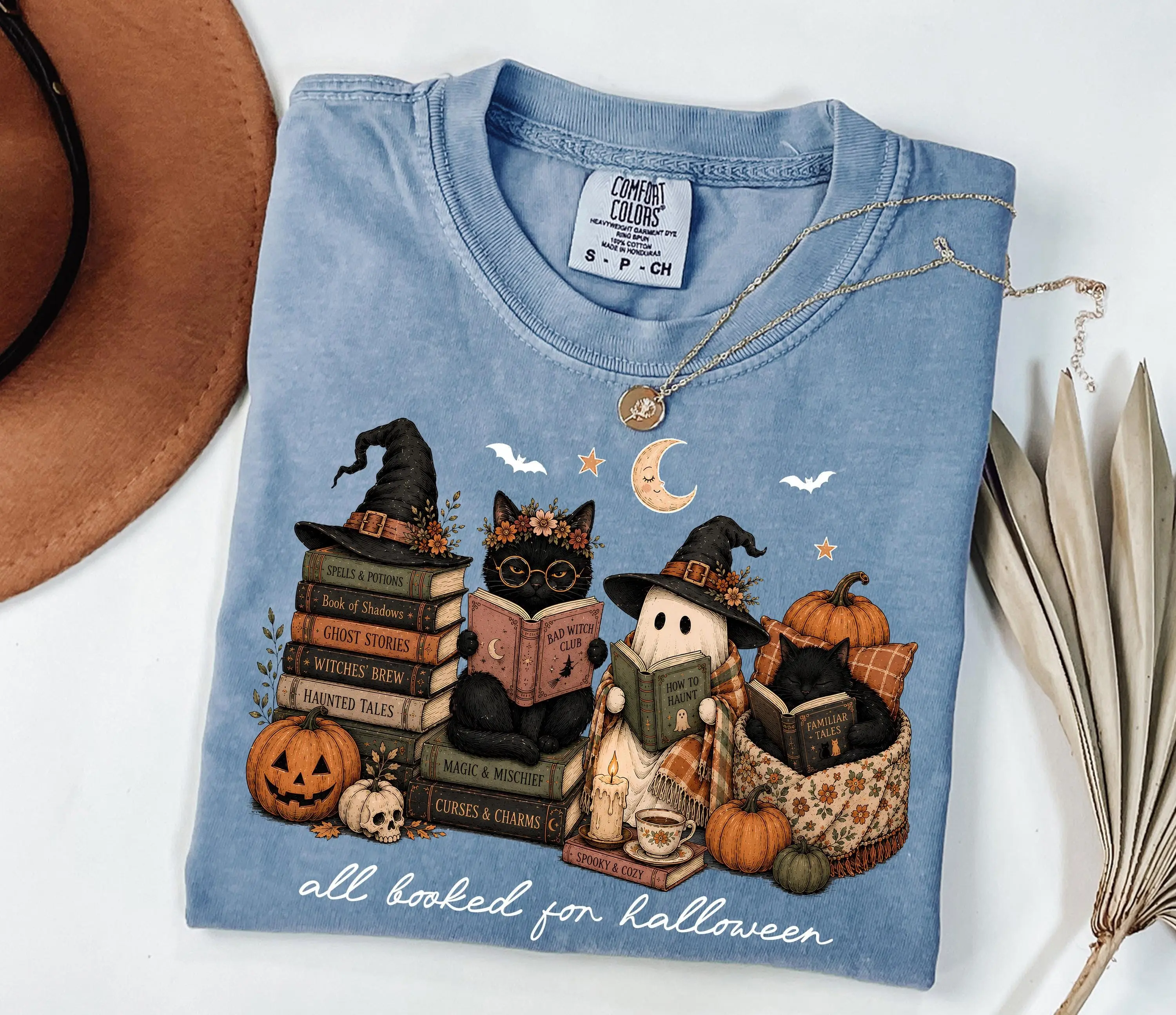 Comfort Colors All Booked for Halloween Shirt, Ghost Reading Tee, Spooky Book Lover Witchy Black Cat Cozy Fall Gift