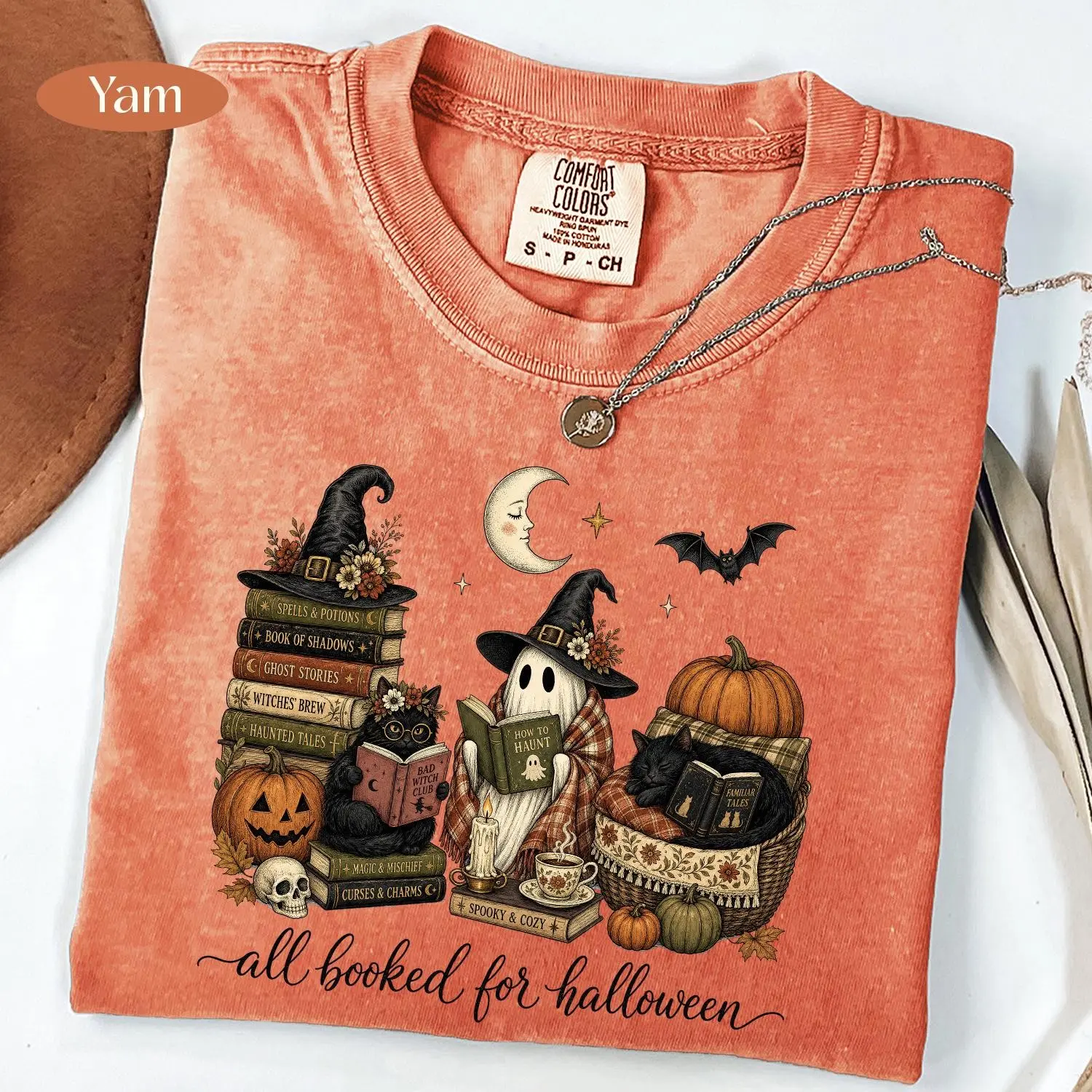 Comfort Colors All Booked For Halloween T-Shirt, Book Lover Reading Ghost Cat Spooky Bookish Witchy Tee