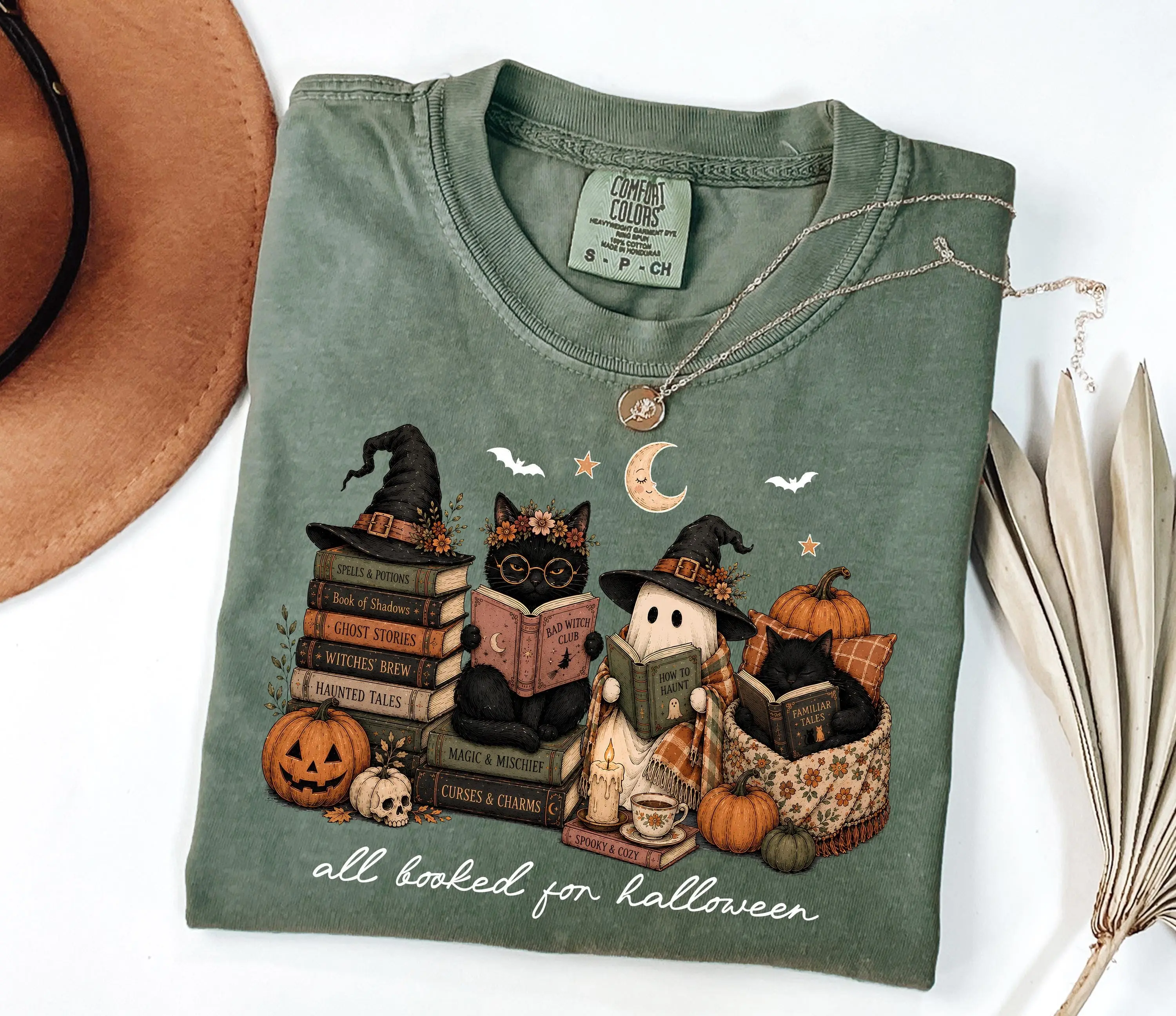 Comfort Colors All Booked for Halloween Sweatshirt, Ghost Reading Crewneck, Spooky Book Lover Witchy Black Cat Gift - photo 2