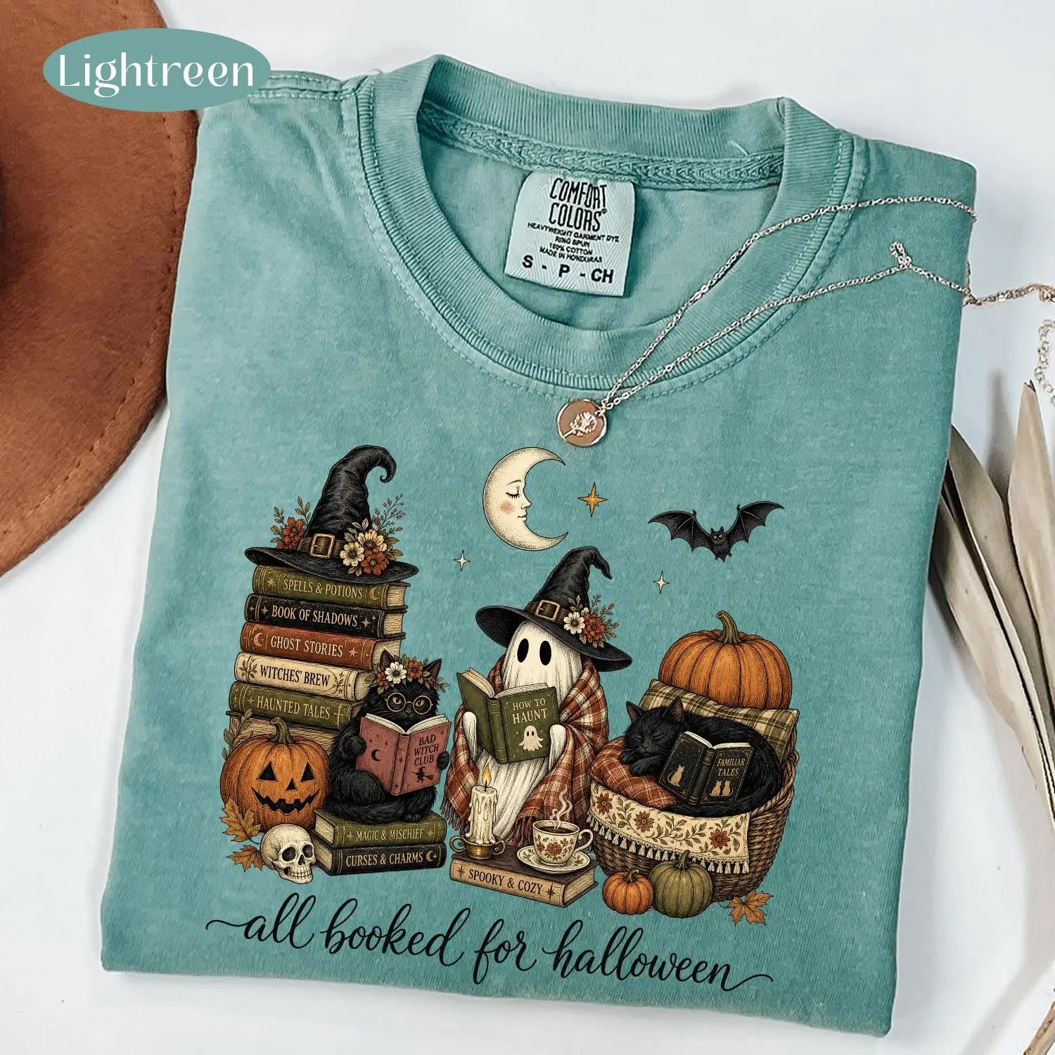 Comfort Colors All Booked For Halloween T-Shirt, Book Lover Reading Ghost Cat Spooky Bookish Witchy Tee - photo 2