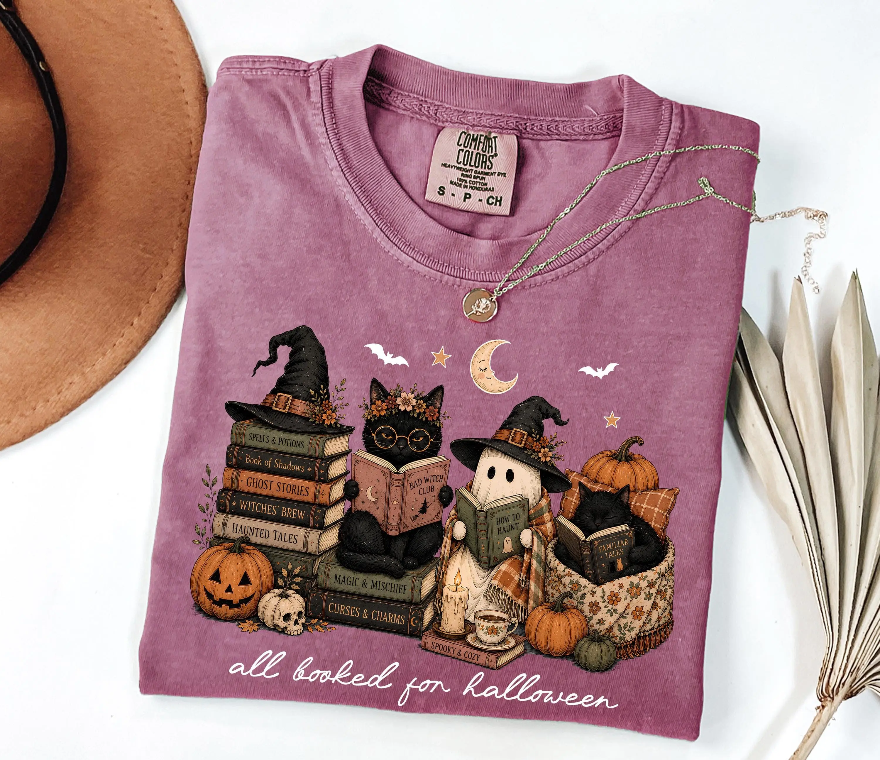 Comfort Colors All Booked for Halloween Sweatshirt, Ghost Reading Crewneck, Spooky Book Lover Witchy Black Cat Gift - photo 3
