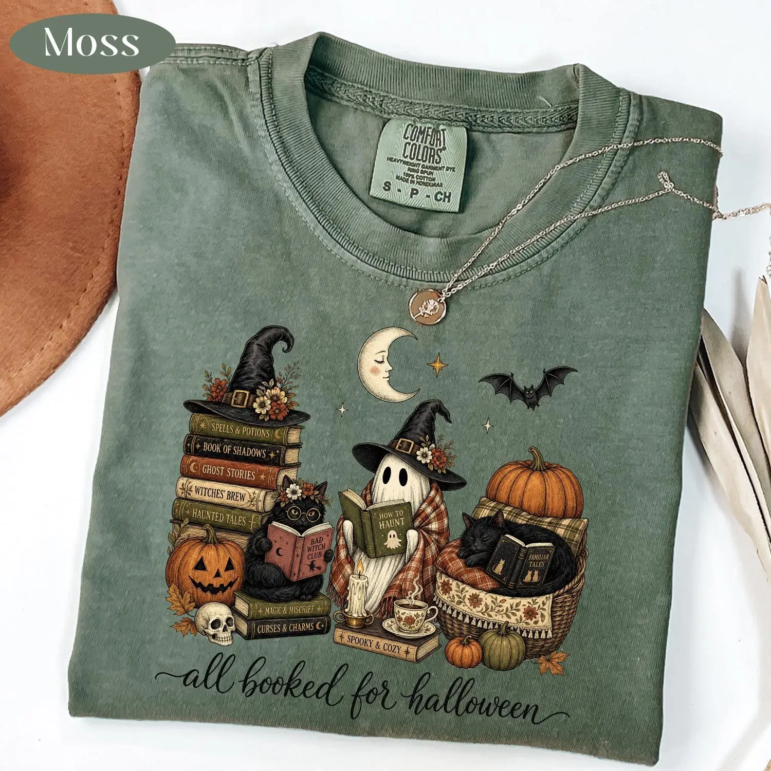 Comfort Colors All Booked For Halloween T-Shirt, Book Lover Reading Ghost Cat Spooky Bookish Witchy Tee - photo 3