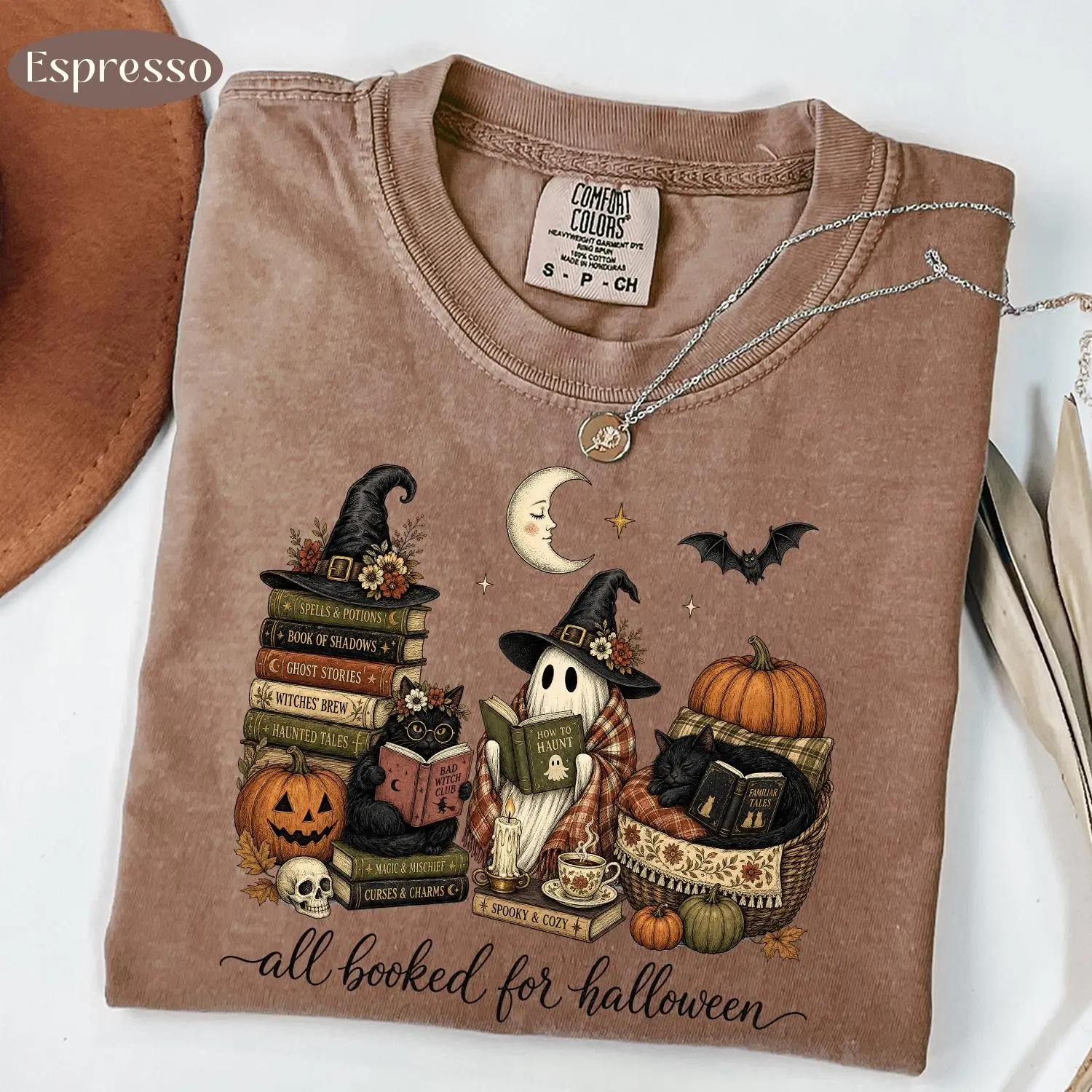 Comfort Colors All Booked For Halloween T-Shirt, Book Lover Reading Ghost Cat Spooky Bookish Witchy Tee - photo 4