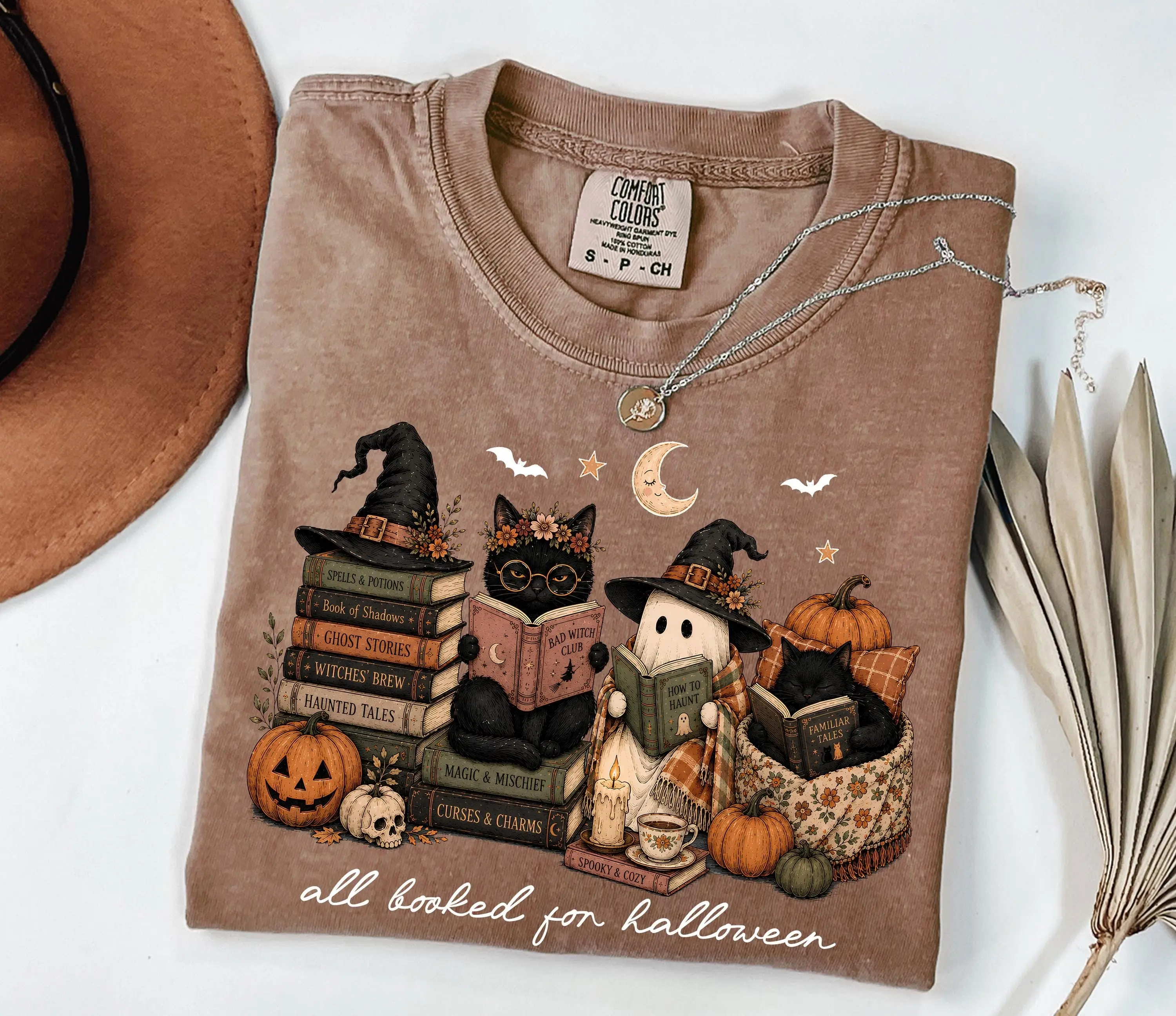 Comfort Colors All Booked for Halloween Sweatshirt, Ghost Reading Crewneck, Spooky Book Lover Witchy Black Cat Gift - photo 5