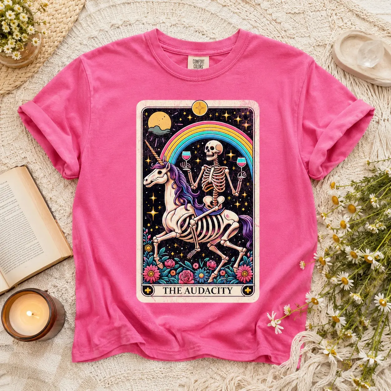 Comfort Colors Audacity Skeleton Unicorn Tarot Card Shirt, Gothic Vintage Music Festival Tee, Funny Sarcastic Gift - photo 2