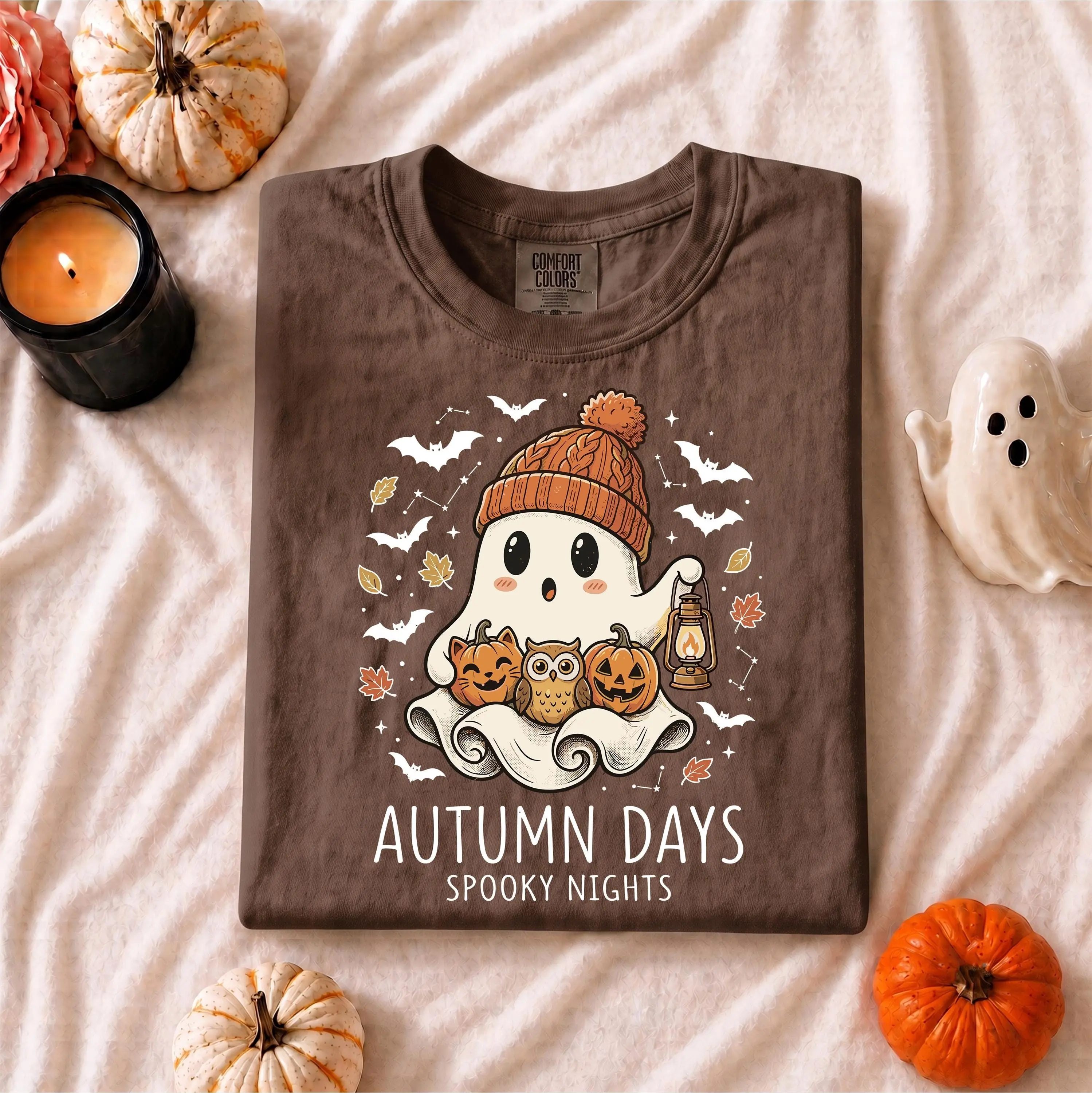 Comfort Colors Autumn Days Spooky Nights Shirt, Cute Ghost Pumpkin Owl Cozy Fall Halloween Tee