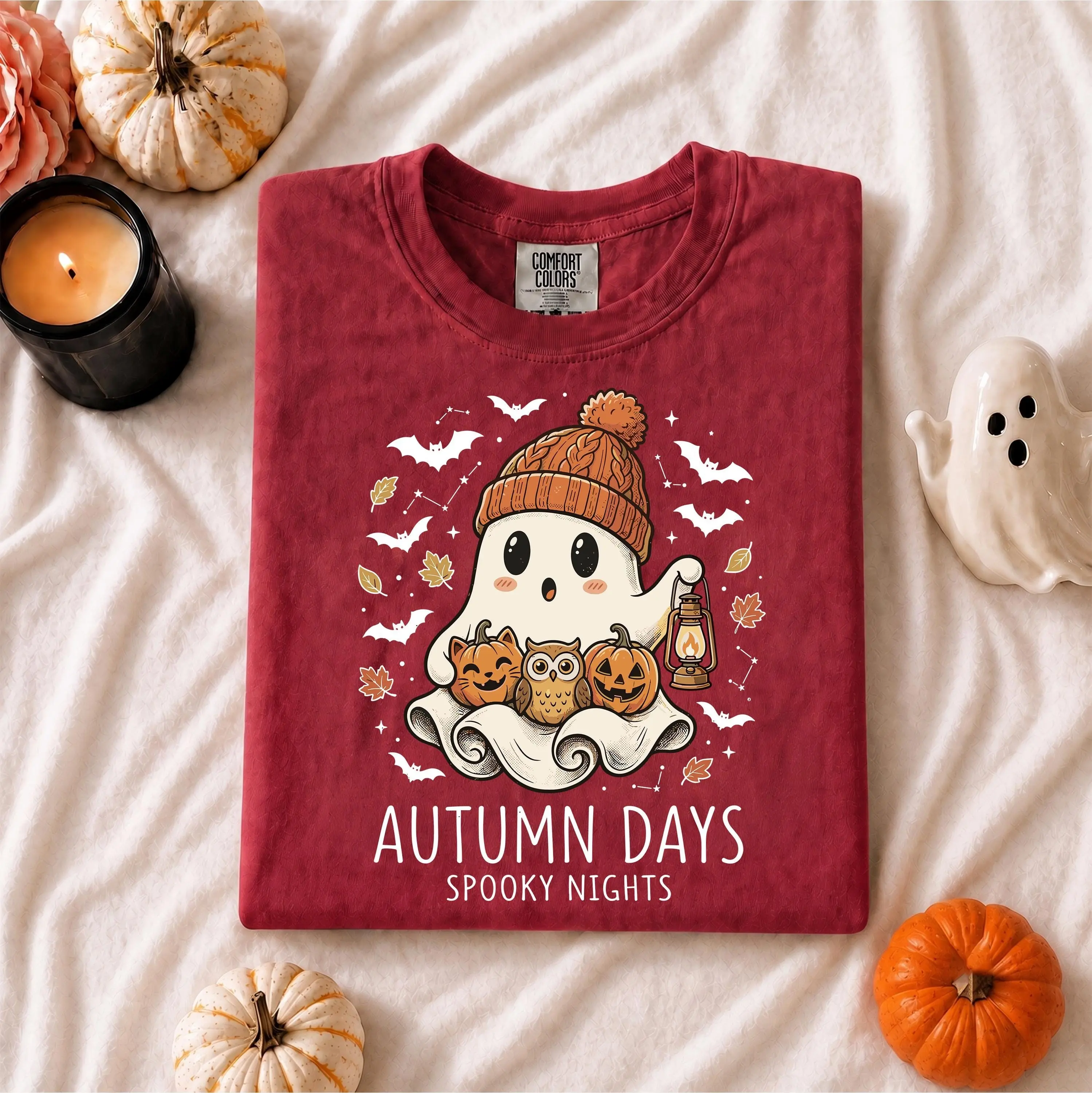Comfort Colors Autumn Days Spooky Nights Shirt, Cute Ghost Pumpkin Owl Cozy Fall Halloween Tee - photo 3