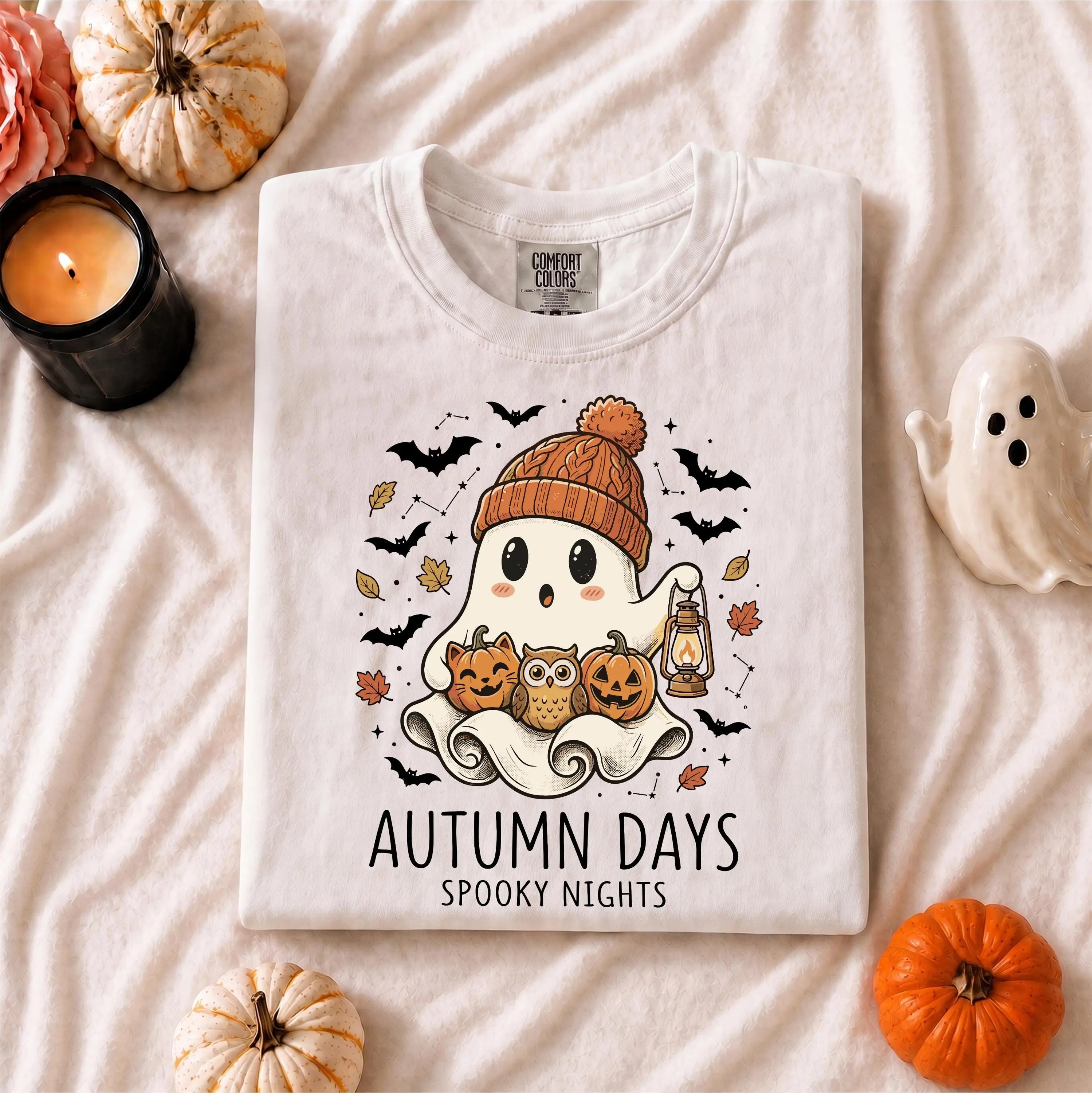 Comfort Colors Autumn Days Spooky Nights Shirt, Cute Ghost Pumpkin Owl Cozy Fall Halloween Tee - photo 4