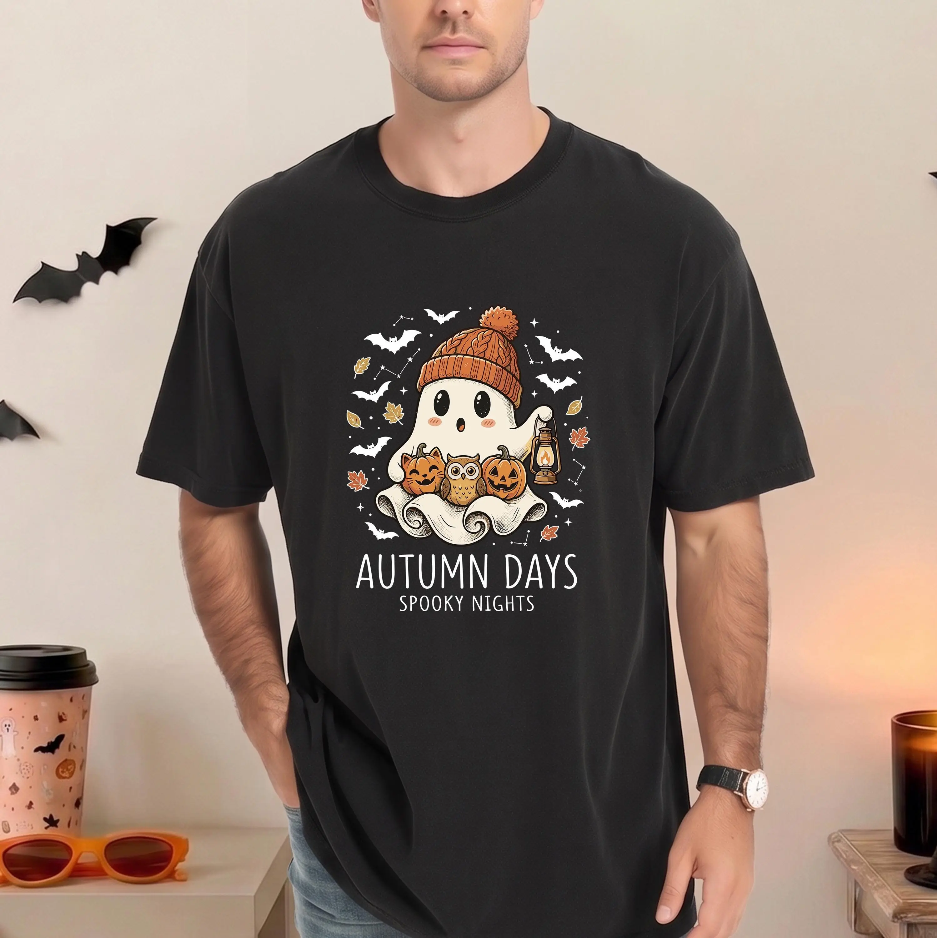 Comfort Colors Autumn Days Spooky Nights Shirt, Cute Ghost Pumpkin Owl Cozy Fall Halloween Tee - photo 5