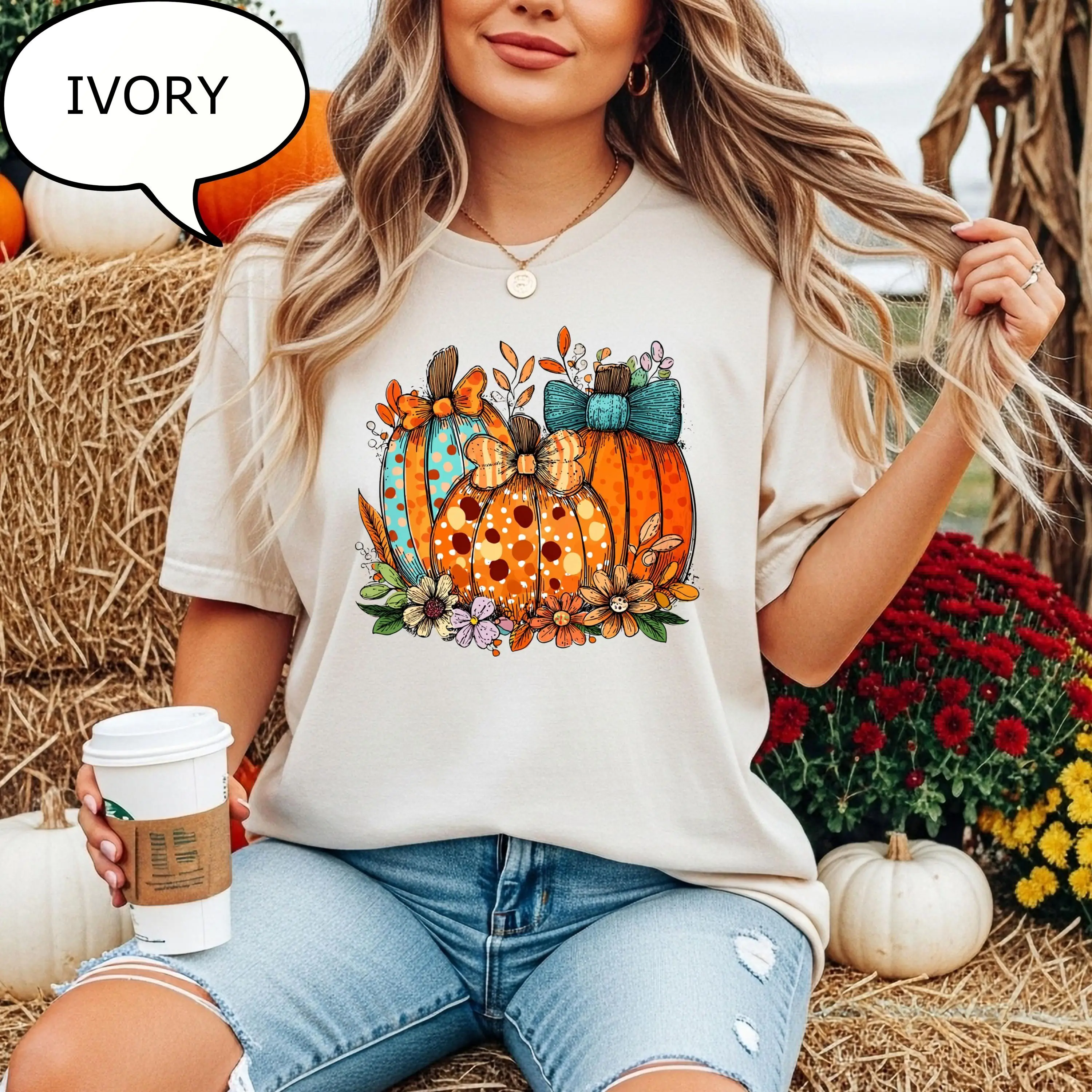Comfort Colors Autumn Floral Shirt, Coquette Bow Pumpkin Season Graphic Tee, Cozy Fall Gift - photo 2