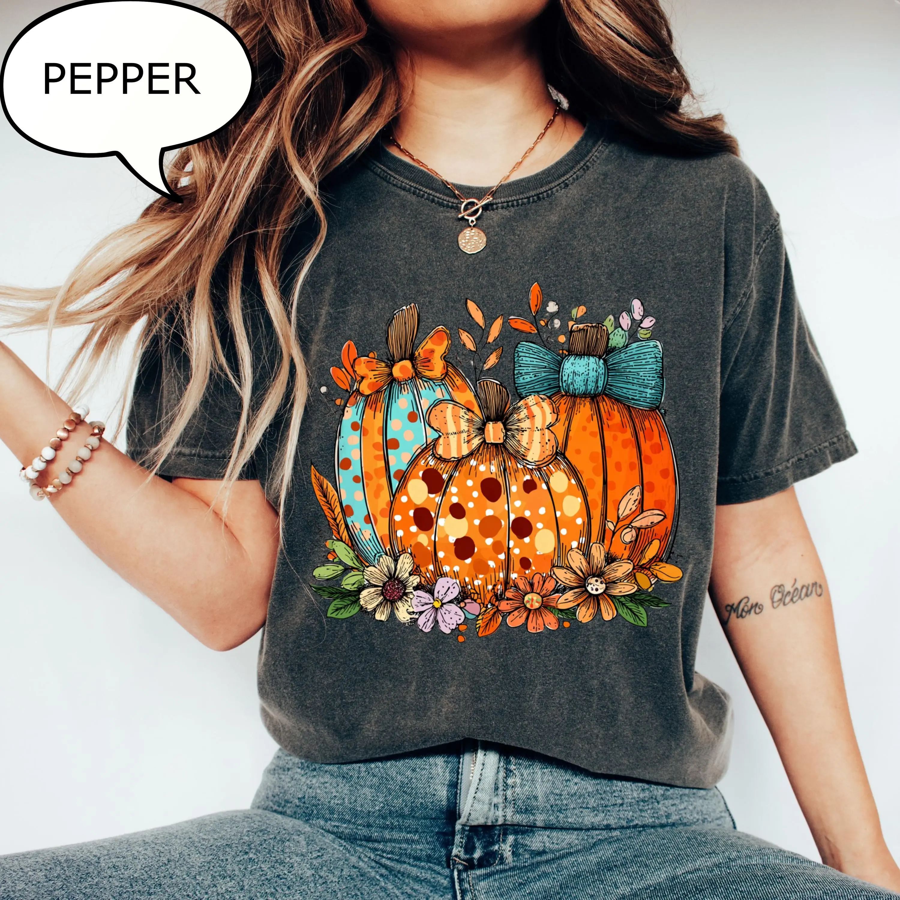 Comfort Colors Autumn Floral Shirt, Coquette Bow Pumpkin Season Graphic Tee, Cozy Fall Gift - photo 3