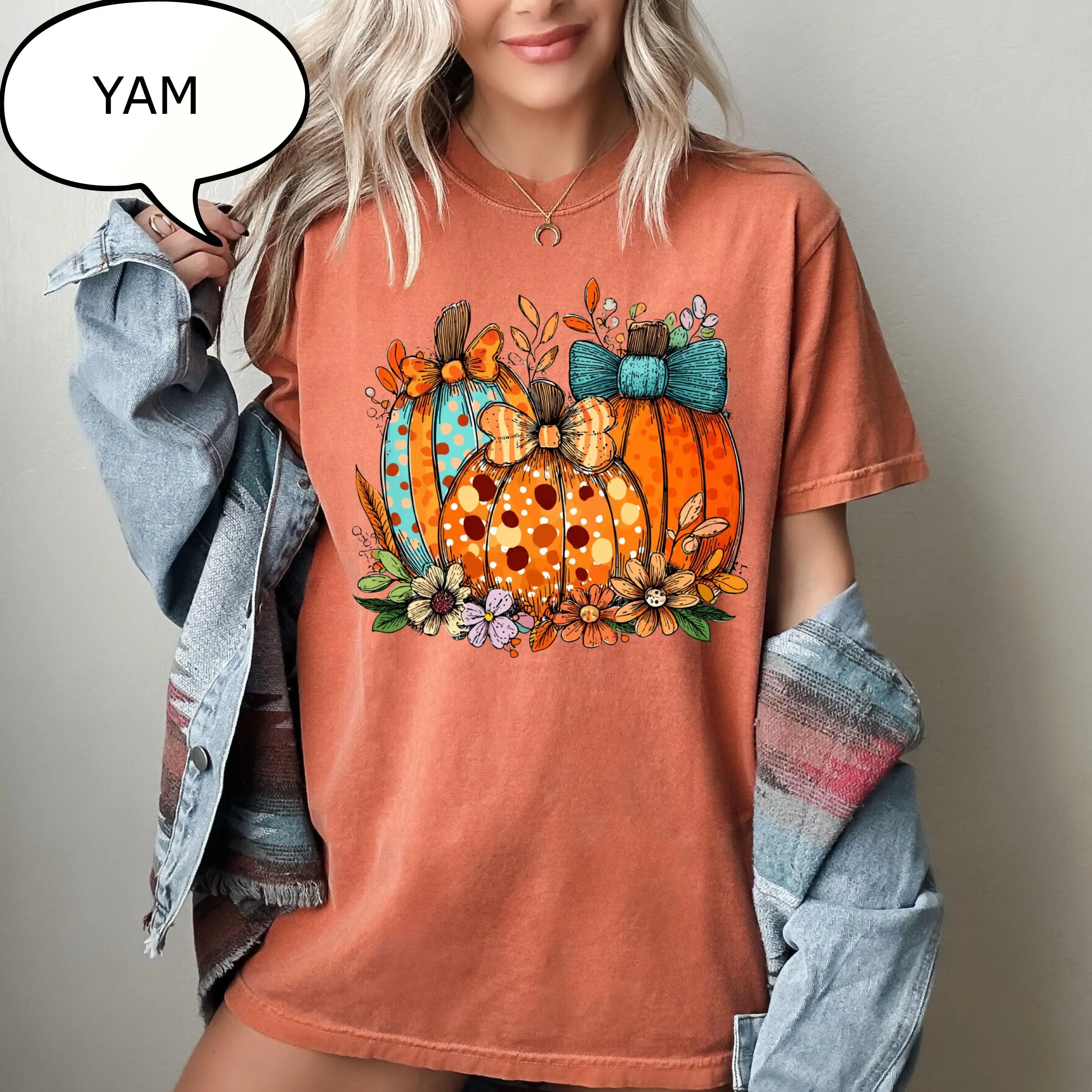 Comfort Colors Autumn Floral Shirt, Coquette Bow Pumpkin Season Graphic Tee, Cozy Fall Gift - photo 4