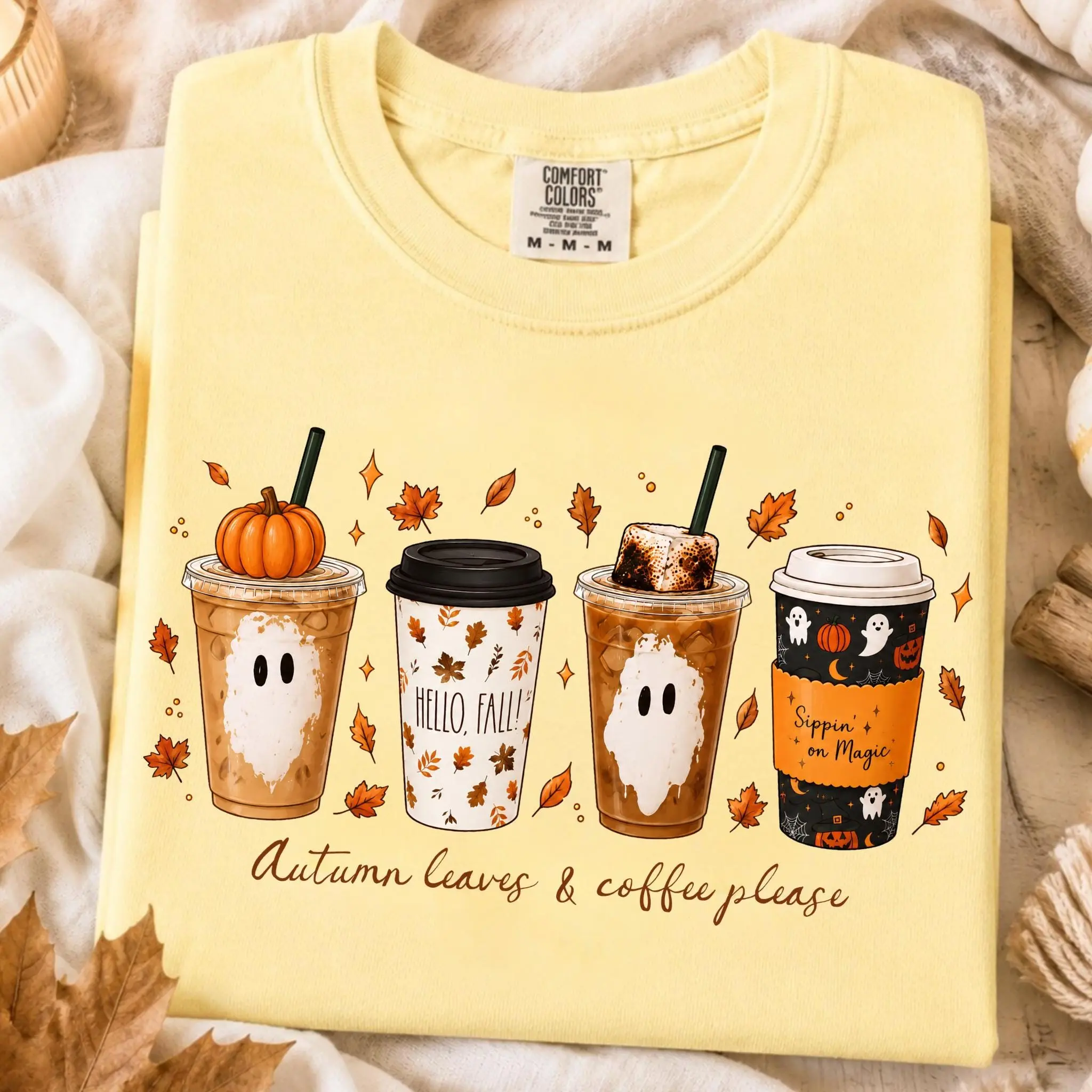 Comfort Colors Autumn Leaves and Coffee T-Shirt, Pumpkin Spice Fall Cute Spooky Graphic Tee for Women