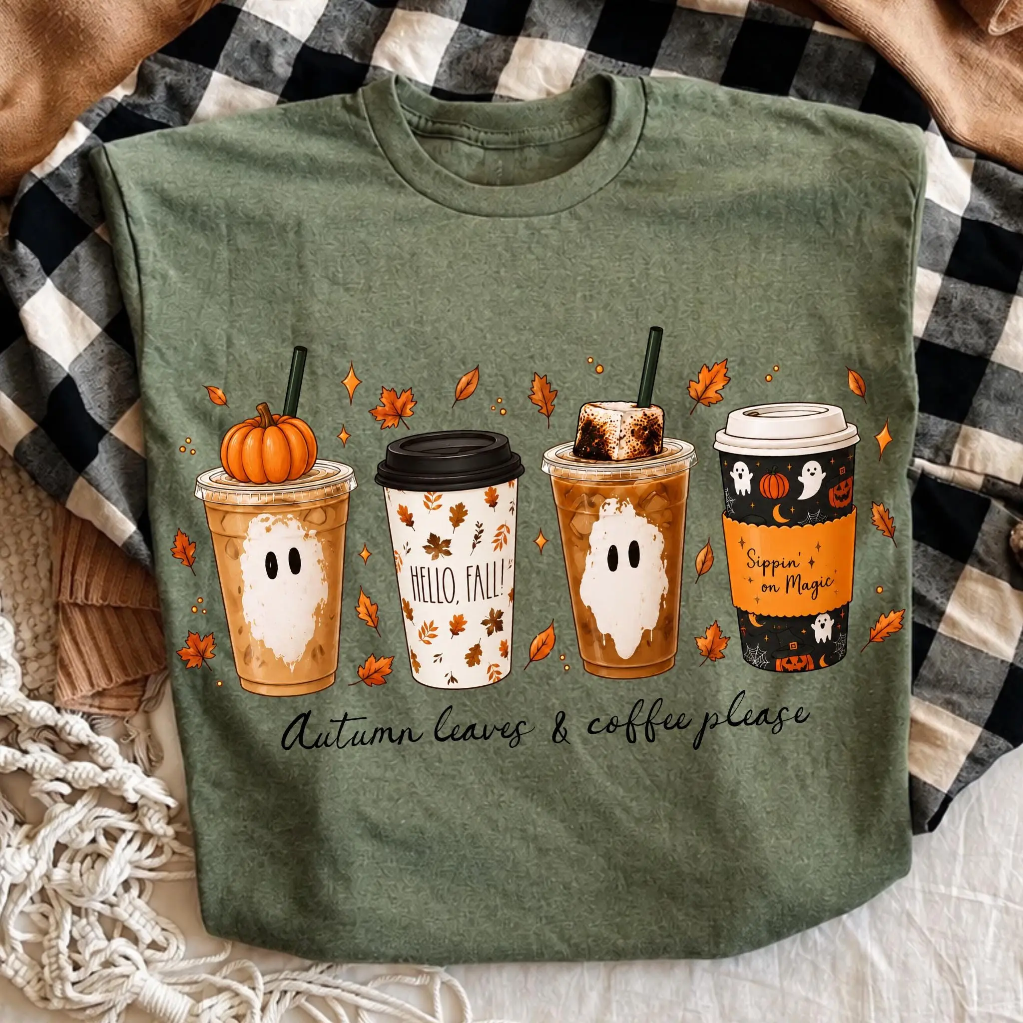 Comfort Colors Autumn Leaves and Coffee T-Shirt, Pumpkin Spice Fall Cute Spooky Graphic Tee for Women - photo 2