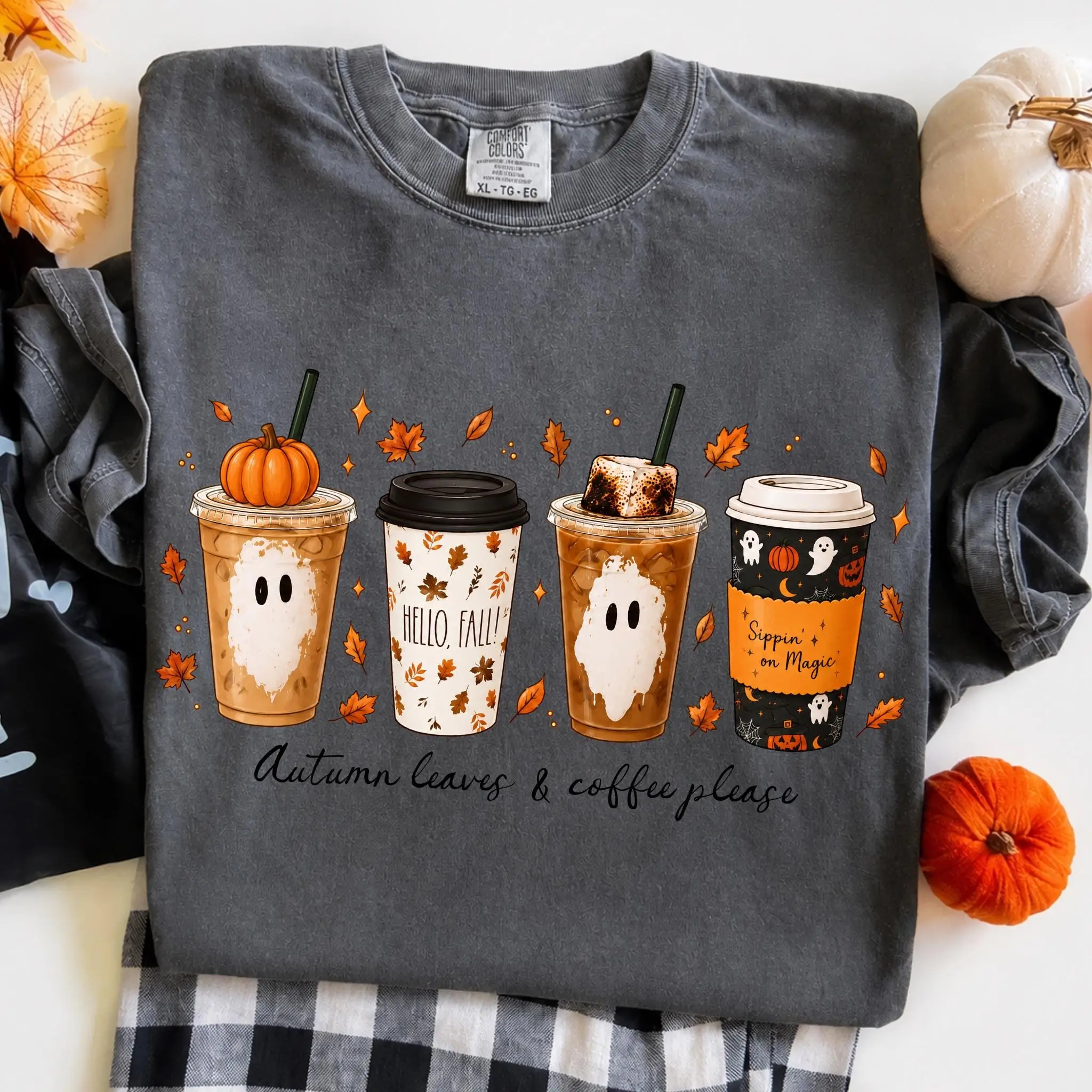Comfort Colors Autumn Leaves and Coffee T-Shirt, Pumpkin Spice Fall Cute Spooky Graphic Tee for Women - photo 3