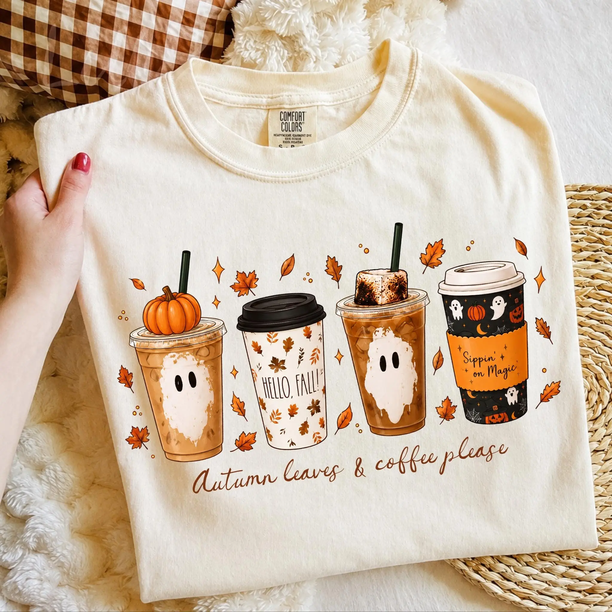 Comfort Colors Autumn Leaves and Coffee T-Shirt, Pumpkin Spice Fall Cute Spooky Graphic Tee for Women - photo 4