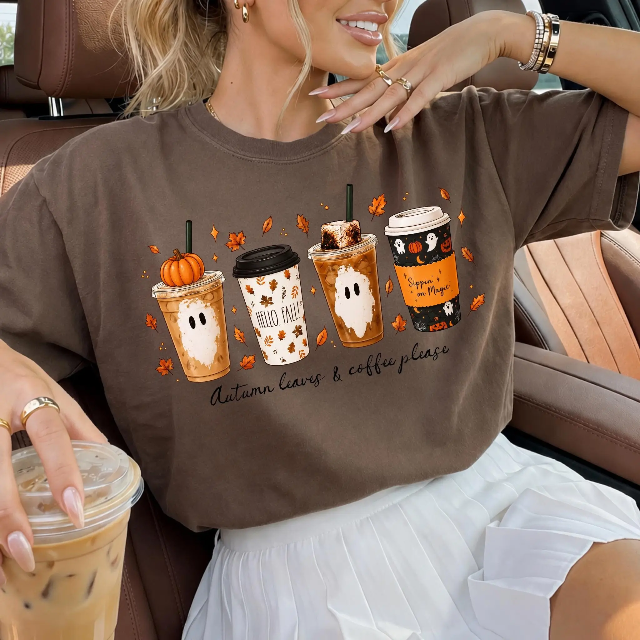 Comfort Colors Autumn Leaves and Coffee T-Shirt, Pumpkin Spice Fall Cute Spooky Graphic Tee for Women - photo 5