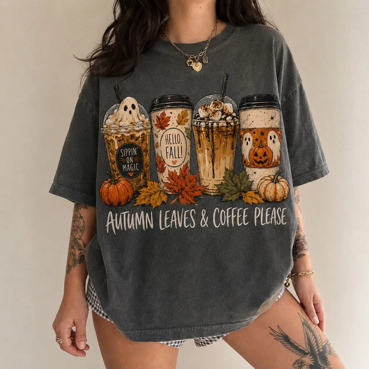 Comfort Colors Autumn Leaves & Coffee Please T-Shirt, Pumpkin Fall Ghost Drink Tee, Retro Spooky Season Shirt