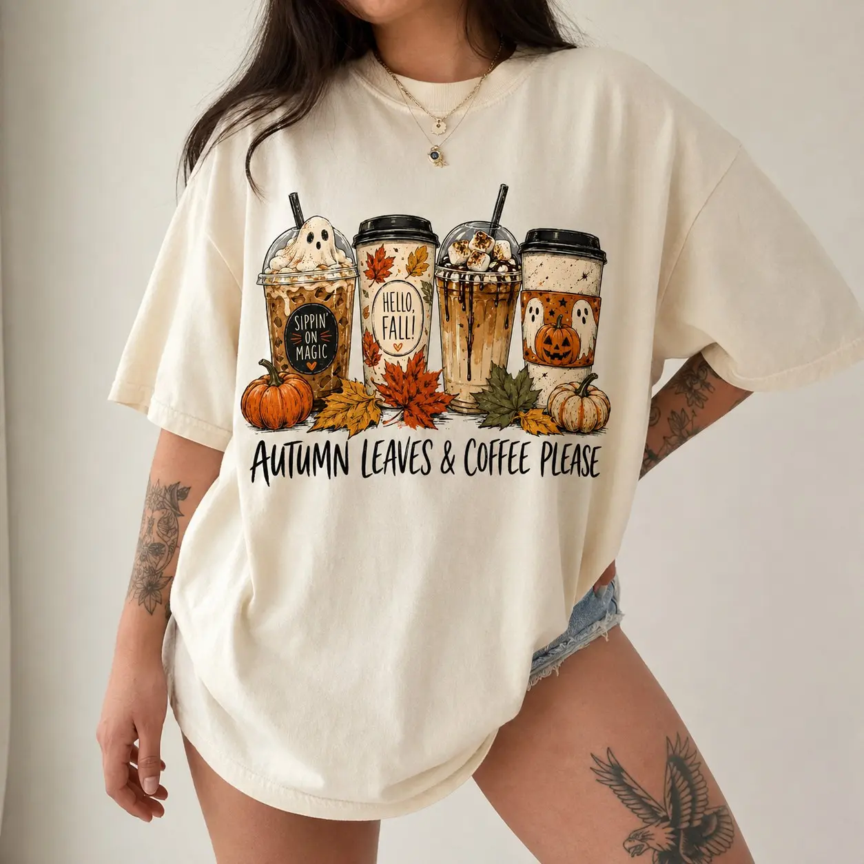 Comfort Colors Autumn Leaves & Coffee Please T-Shirt, Pumpkin Fall Ghost Drink Tee, Retro Spooky Season Shirt - photo 2