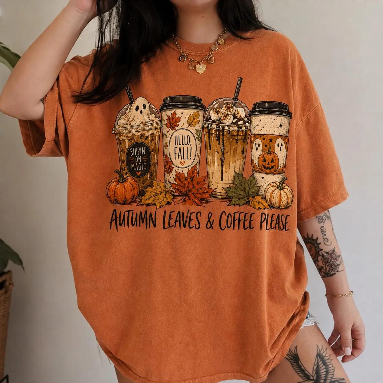 Comfort Colors Autumn Leaves & Coffee Please T-Shirt, Pumpkin Fall Ghost Drink Tee, Retro Spooky Season Shirt - photo 3