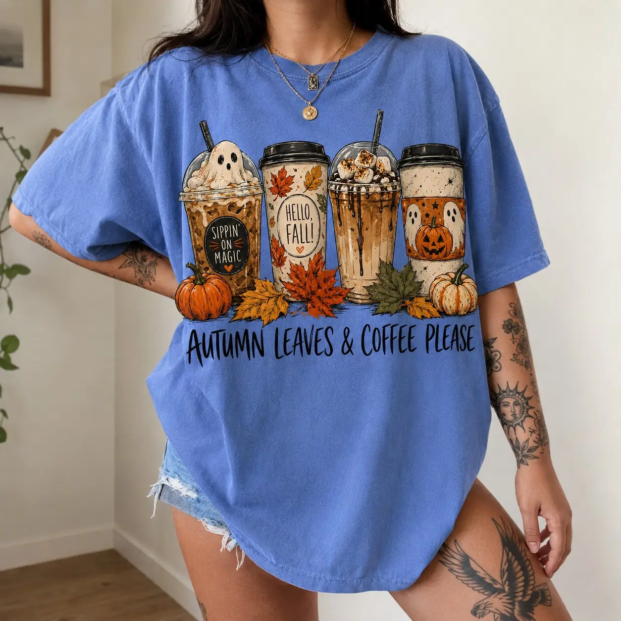 Comfort Colors Autumn Leaves & Coffee Please T-Shirt, Pumpkin Fall Ghost Drink Tee, Retro Spooky Season Shirt - photo 4
