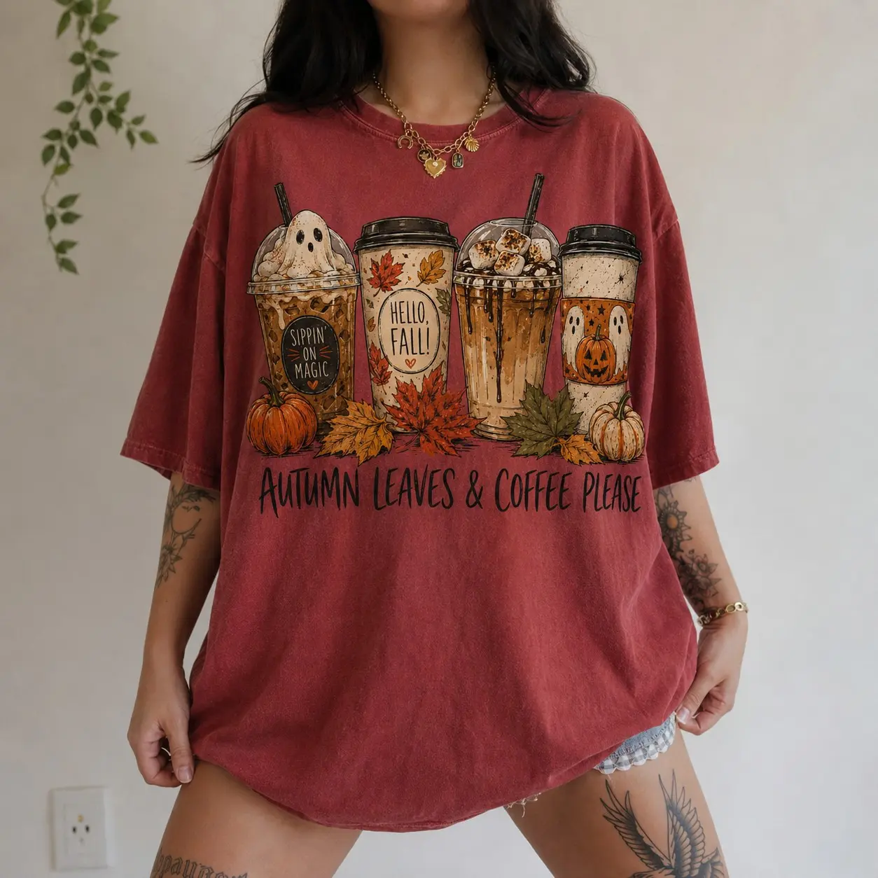 Comfort Colors Autumn Leaves & Coffee Please T-Shirt, Pumpkin Fall Ghost Drink Tee, Retro Spooky Season Shirt - photo 5