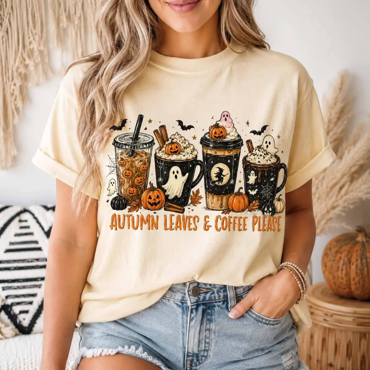 Comfort Colors Autumn Leaves Ghost Shirt for Women, Spooky Coffee Cups Graphic Tee, Cute Fall Season Lover Birthday Gift