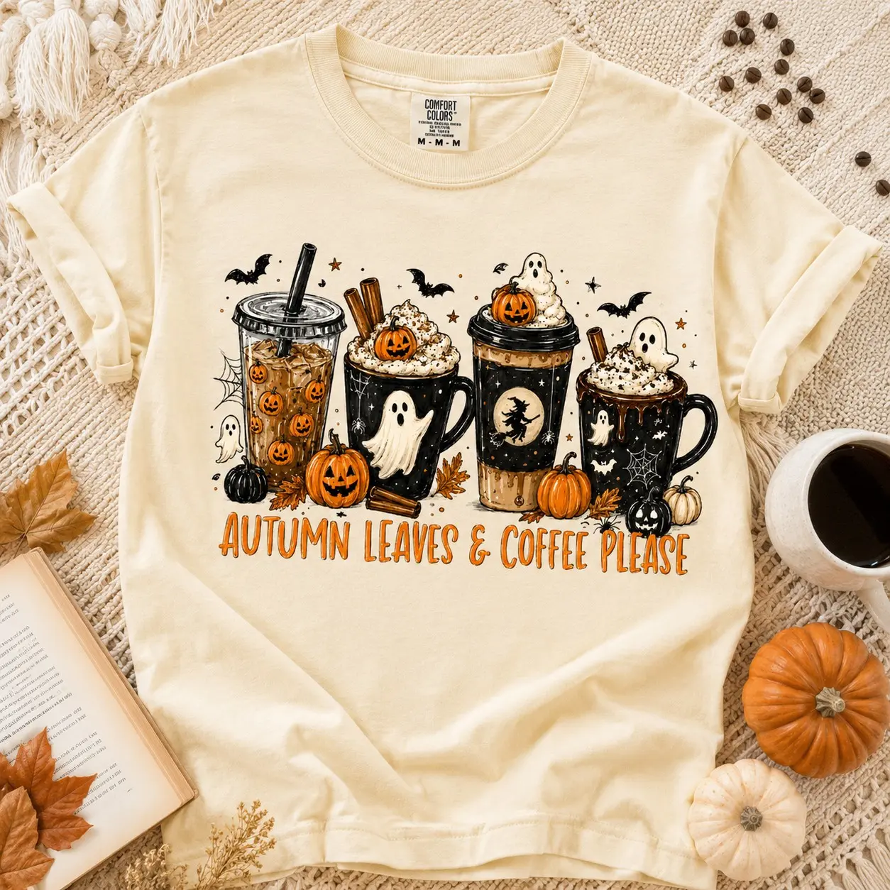 Comfort Colors Autumn Leaves Ghost Shirt for Women, Spooky Coffee Cups Graphic Tee, Cute Fall Season Lover Birthday Gift - photo 2