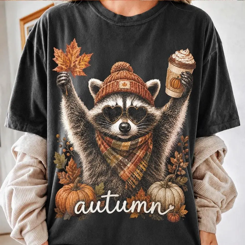 Comfort Colors Autumn Raccoon Pumpkin Latte Shirt, Tis The Season Fall Vibes Tee, Cute Animal Gift