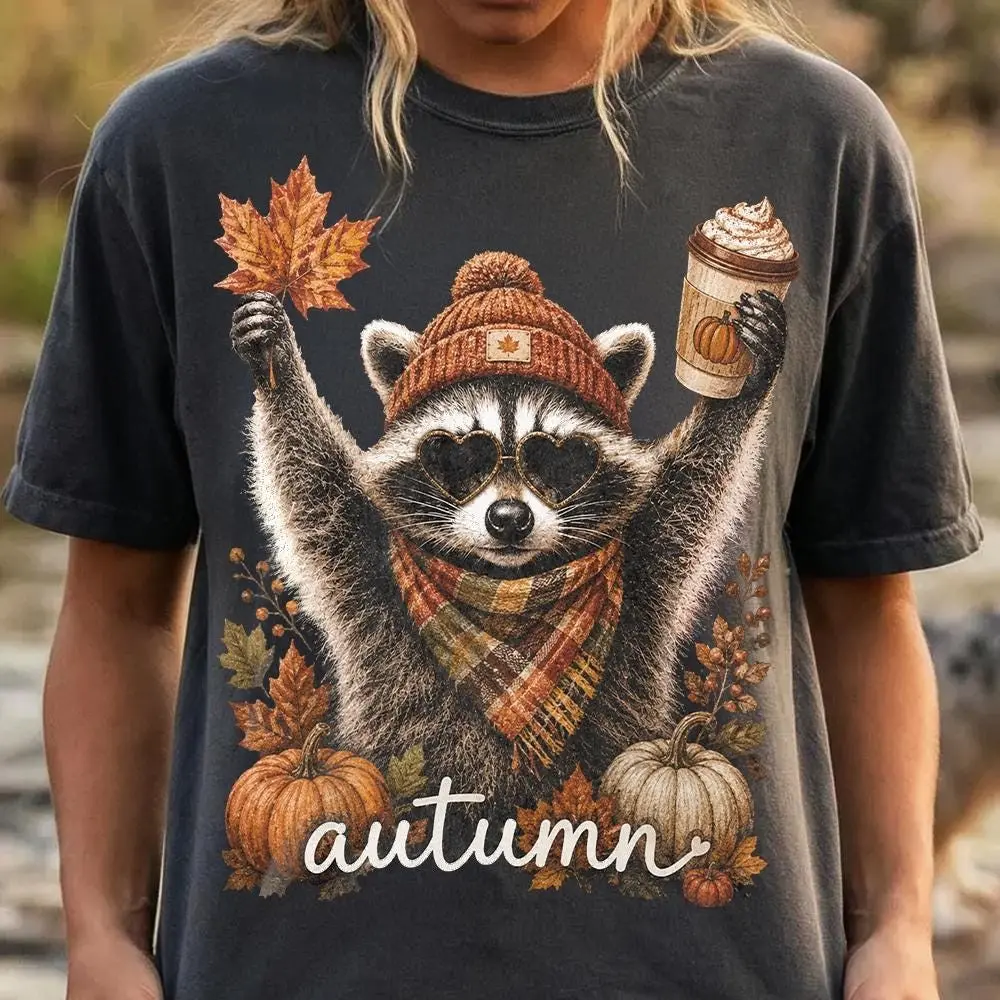 Comfort Colors Autumn Raccoon Pumpkin Latte Shirt, Tis The Season Fall Vibes Tee, Cute Animal Gift - photo 2