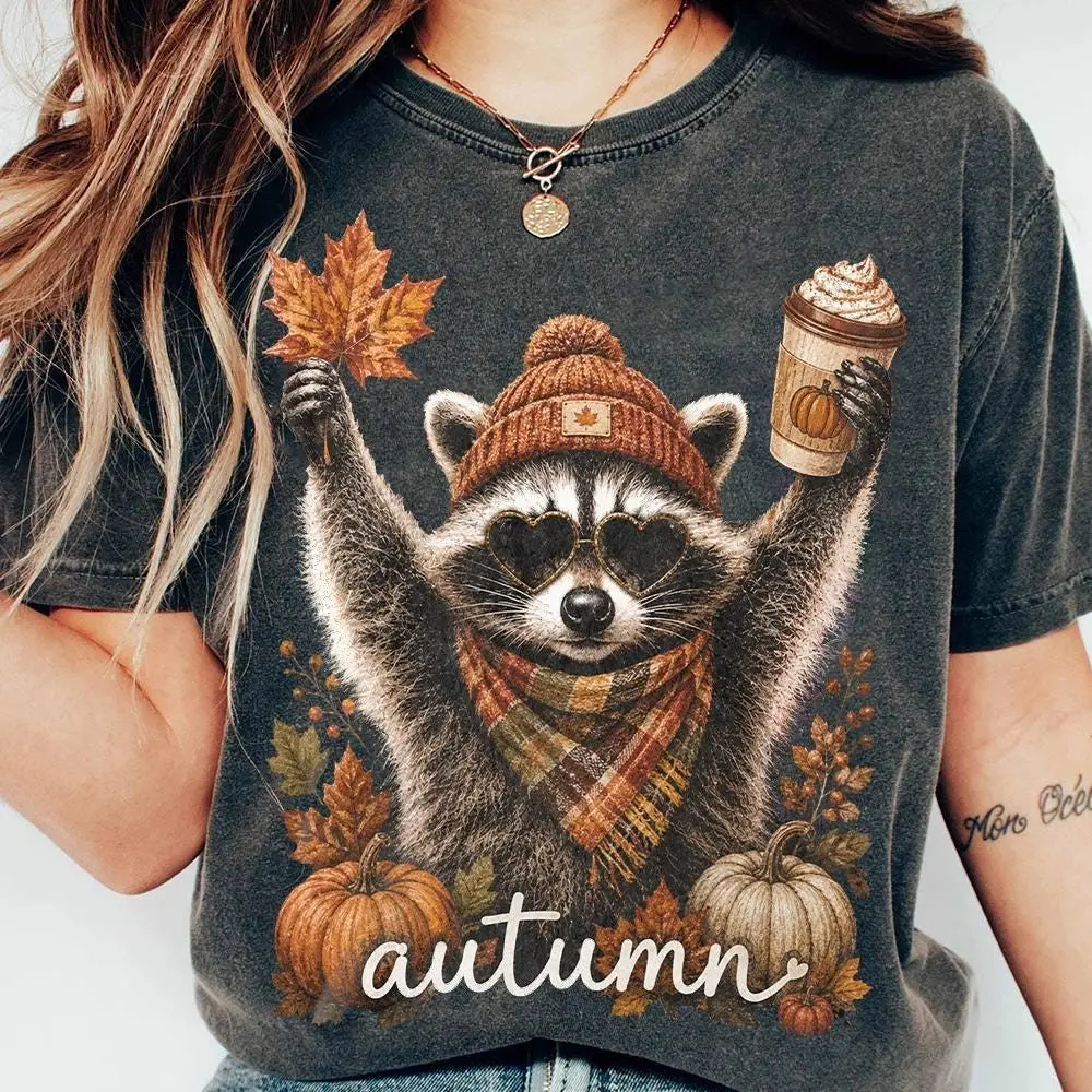 Comfort Colors Autumn Raccoon Pumpkin Latte Shirt, Tis The Season Fall Vibes Tee, Cute Animal Gift - photo 3