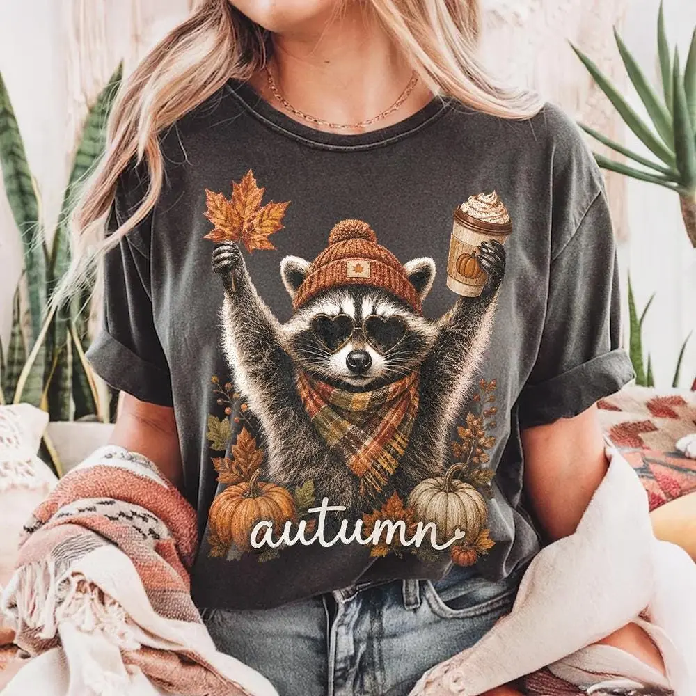 Comfort Colors Autumn Raccoon Pumpkin Latte Shirt, Tis The Season Fall Vibes Tee, Cute Animal Gift - photo 4