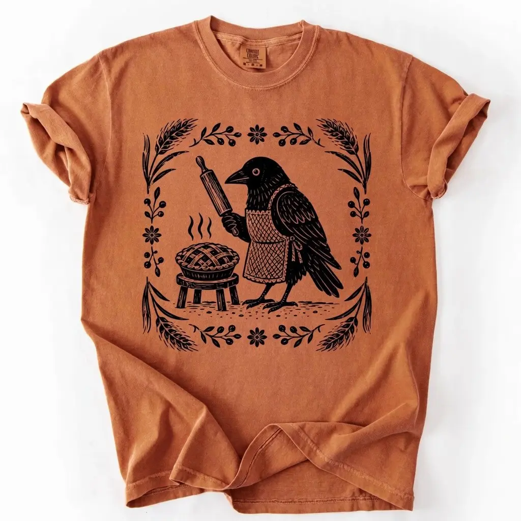 Comfort Colors Baking Crow T-Shirt, Cauldron Cooking Witchy Raven Tee, Cottagecore Folklore Dark Academia Fall Gift - photo 1