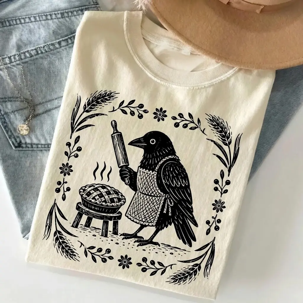 Comfort Colors Baking Crow T-Shirt, Cauldron Cooking Witchy Raven Tee, Cottagecore Folklore Dark Academia Fall Gift - photo 2