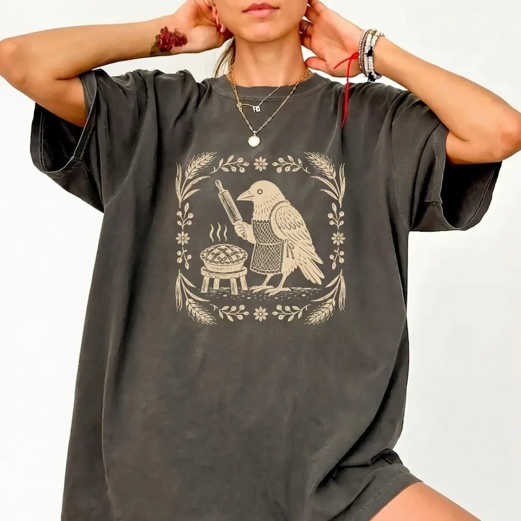 Comfort Colors Baking Crow T-Shirt, Cauldron Cooking Witchy Raven Tee, Cottagecore Folklore Dark Academia Fall Gift - photo 3