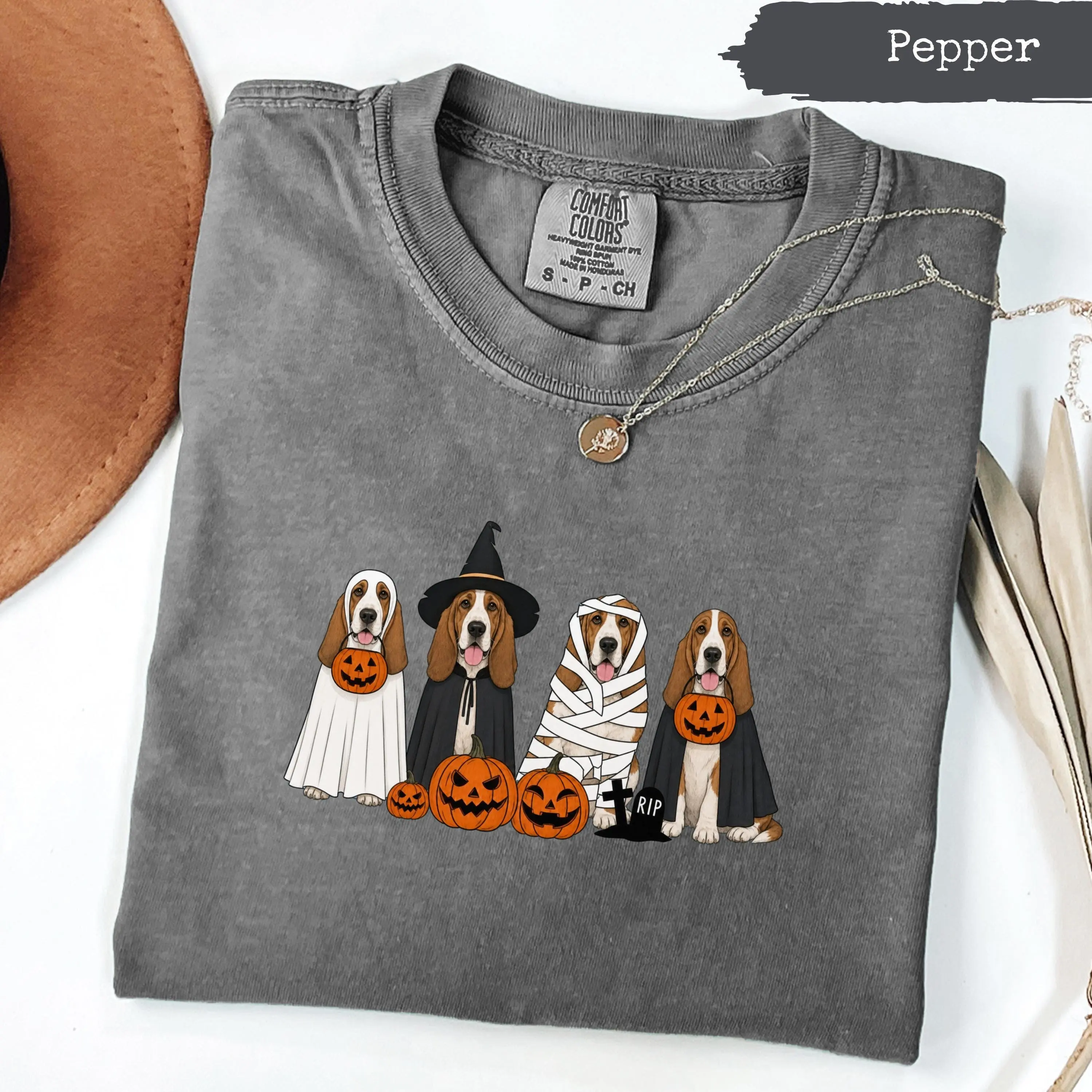 Comfort Colors Basset Hound Halloween Shirt, Cute Spooky Dog Tee, Fall Festival Graphic Top