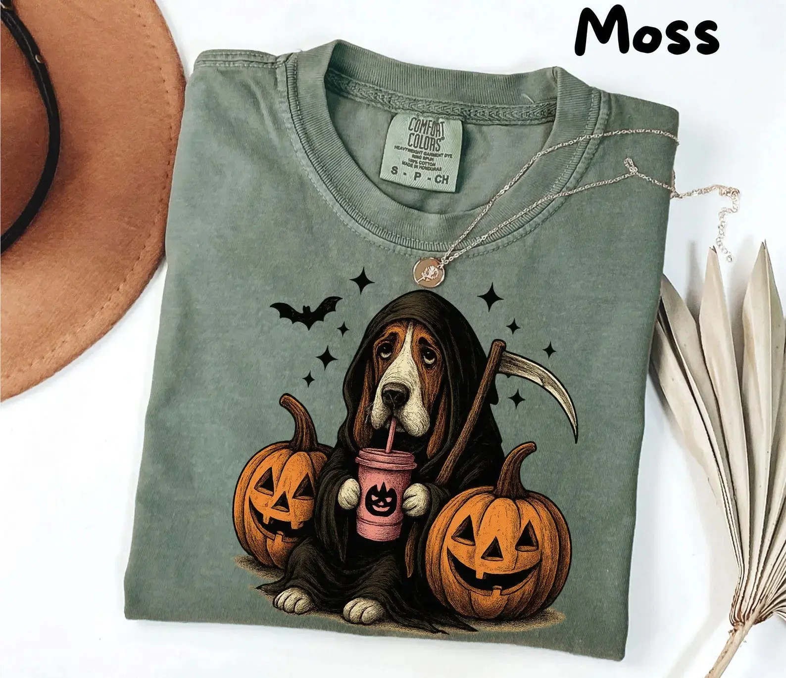 Comfort Colors Basset Hound Halloween T-Shirt, Spooky Season Retro Dog Lover Graphic Tee, Cute Fall Pumpkin Top - photo 2