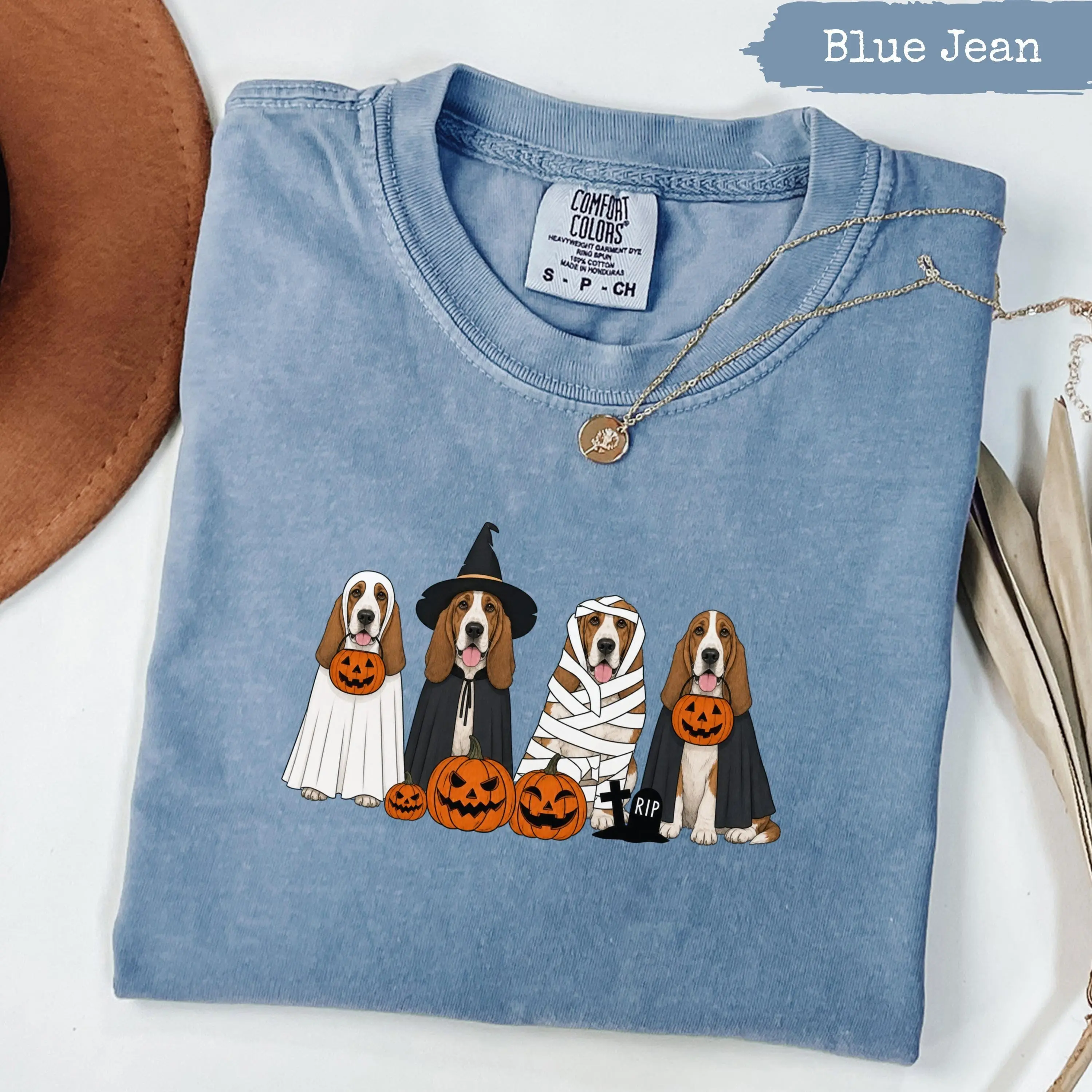 Comfort Colors Basset Hound Halloween Shirt, Cute Spooky Dog Tee, Fall Festival Graphic Top - photo 3